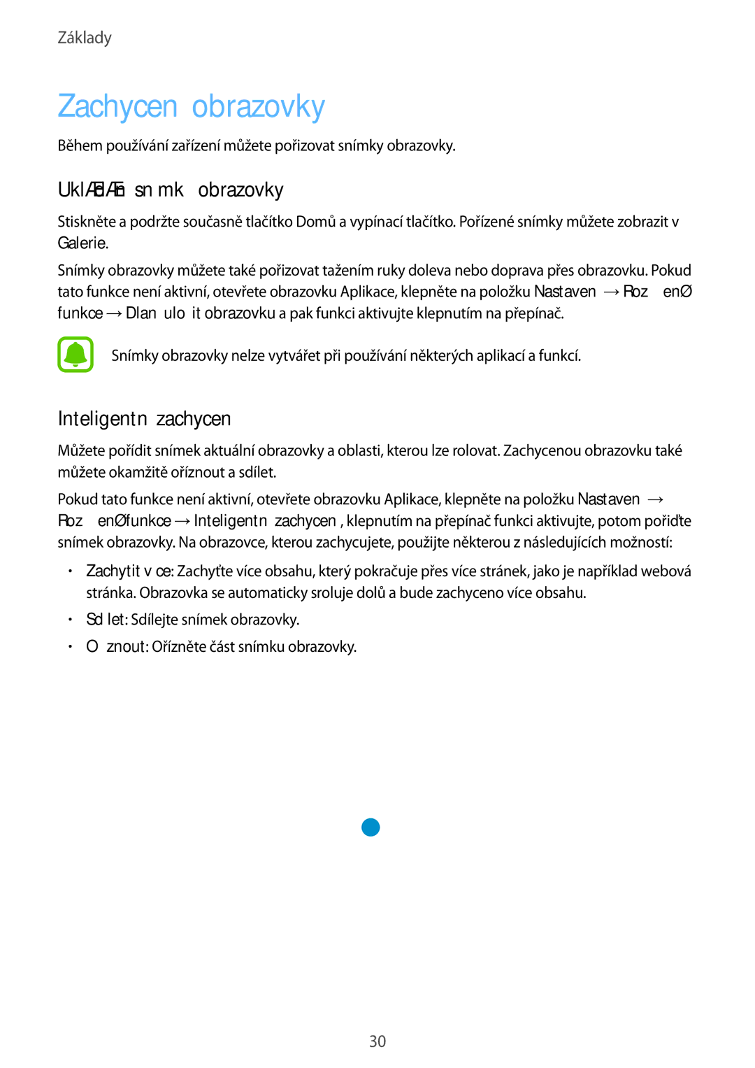 Samsung SM-T710NZWEEUR, SM-T810NZWEXEO manual Zachycení obrazovky, Ukládání snímků obrazovky, Inteligentní zachycení 