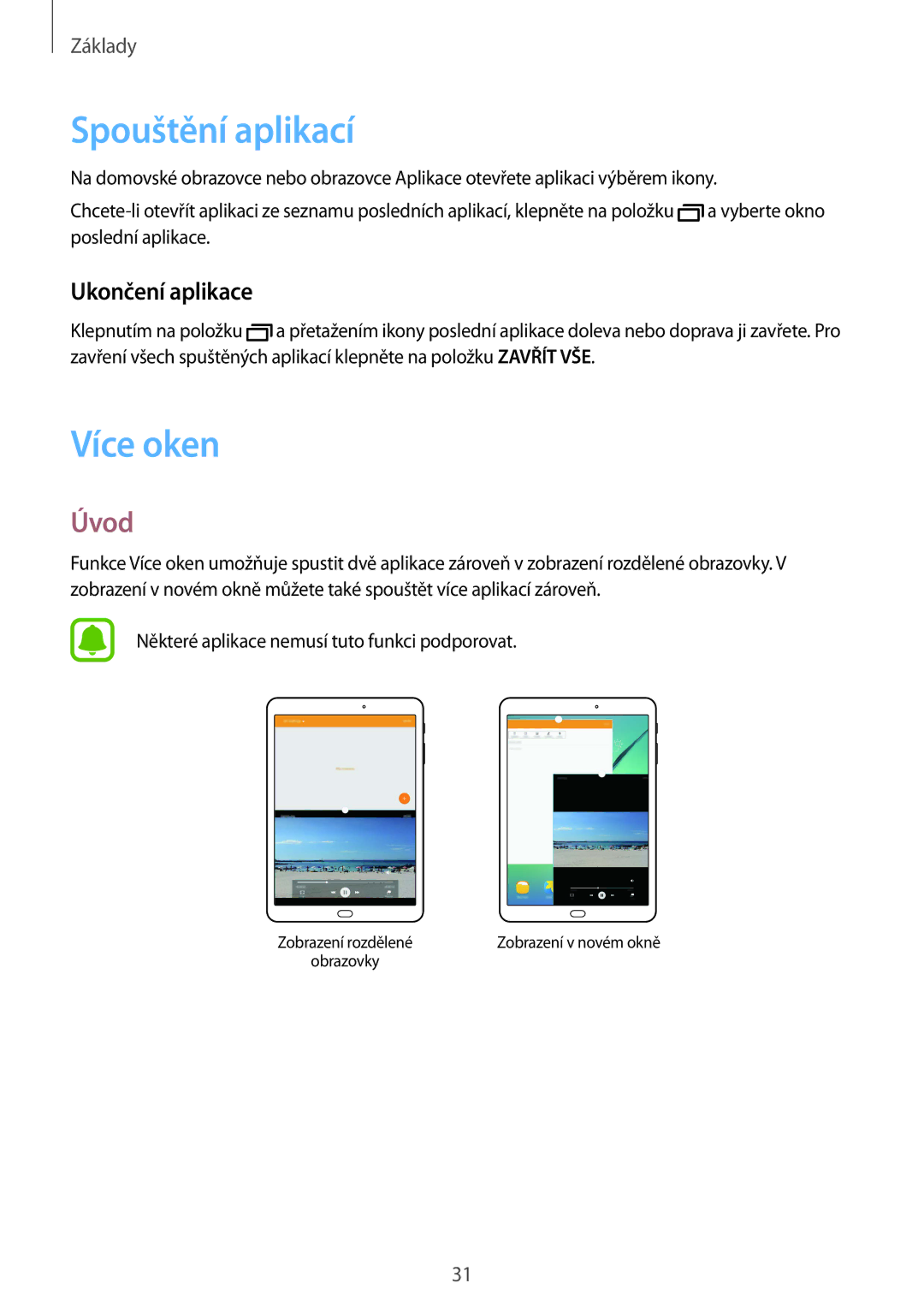 Samsung SM-T810NZKFAUT, SM-T810NZWEXEO, SM-T810NZKEXEO manual Spouštění aplikací, Více oken, Úvod, Ukončení aplikace 