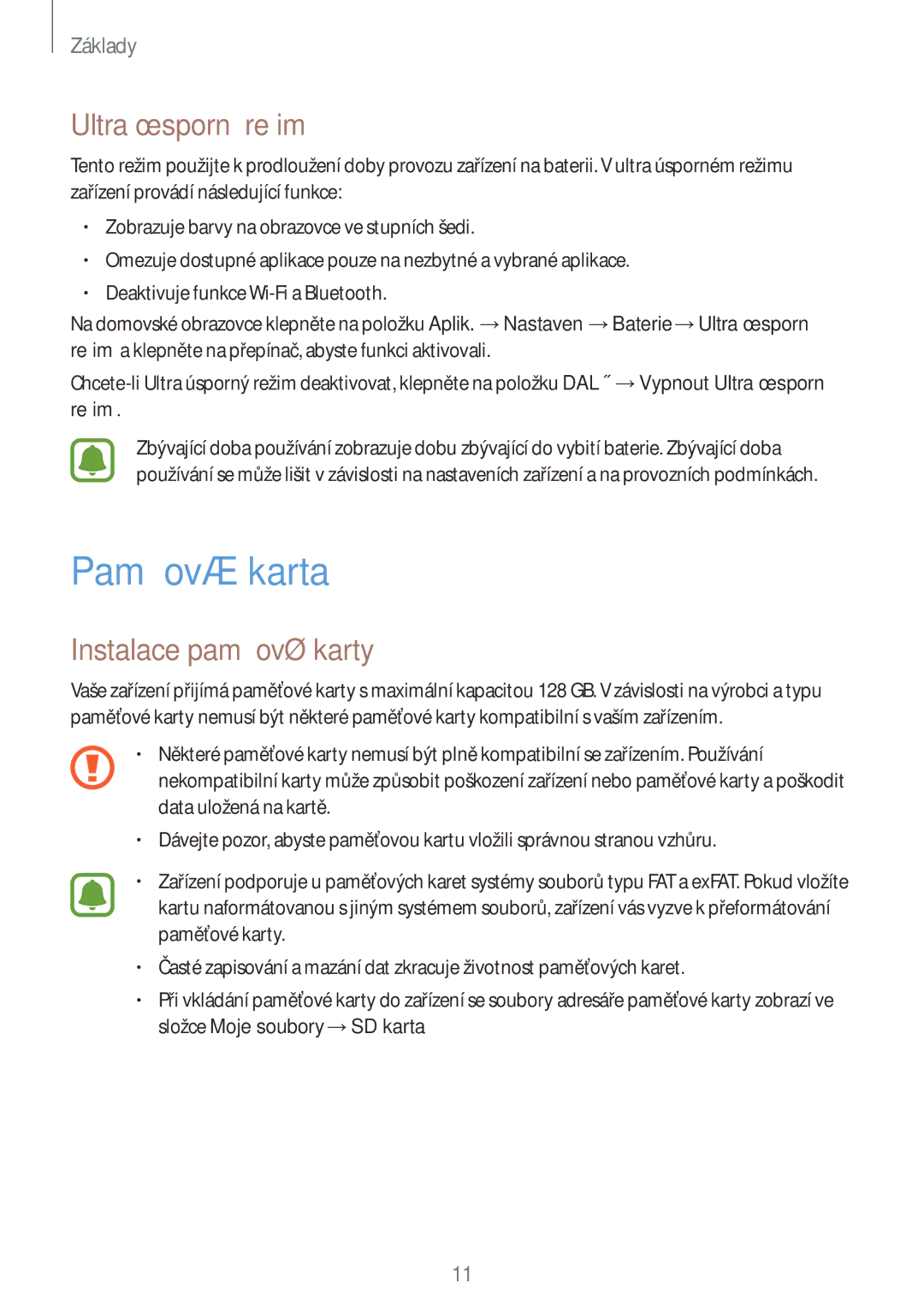 Samsung SM-T810NZKEATO, SM-T810NZWEXEO, SM-T810NZKEXEO manual Paměťová karta, Ultra úsporný režim, Instalace paměťové karty 