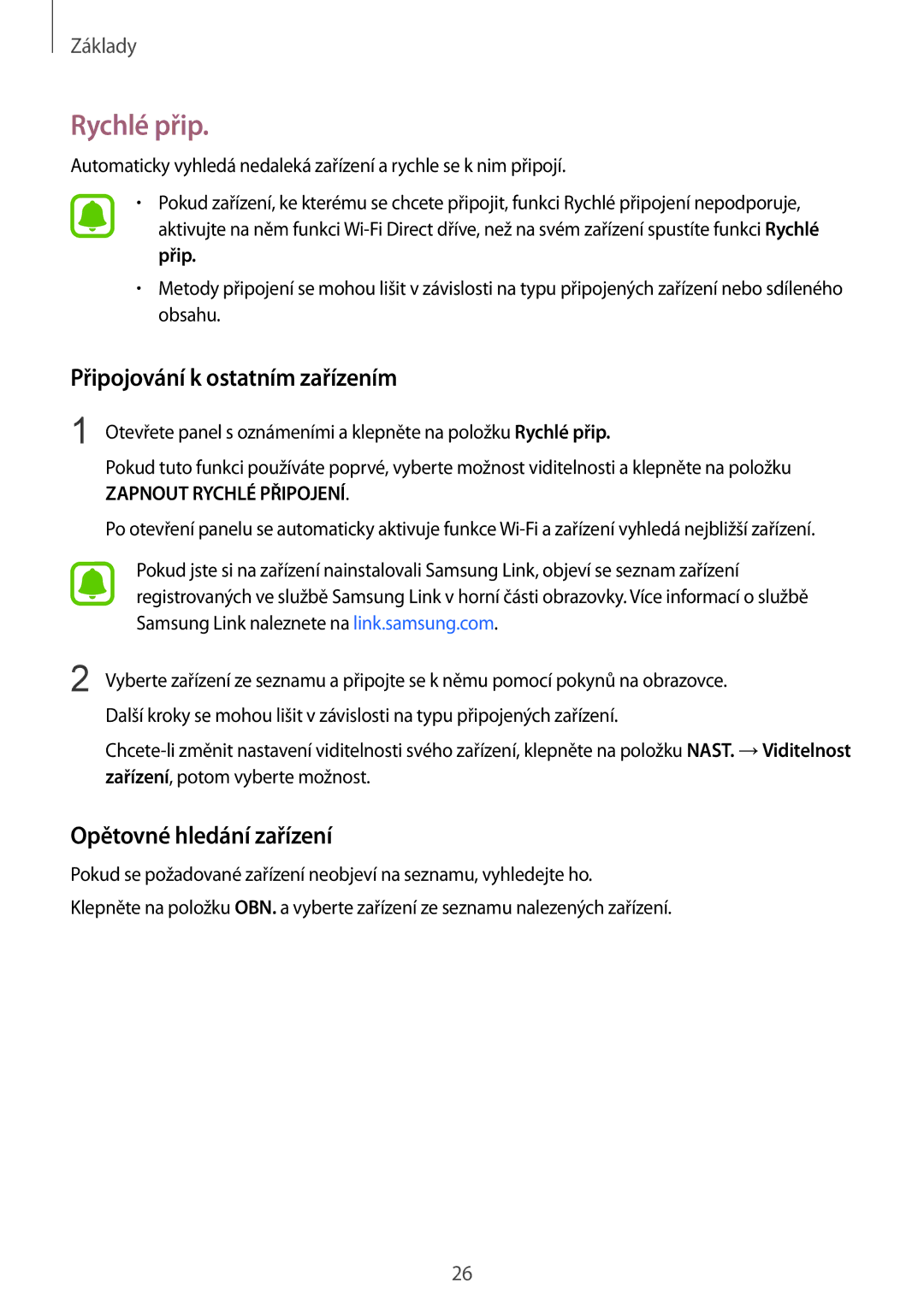 Samsung SM-T810NZKEATO, SM-T810NZWEXEO manual Rychlé přip, Připojování k ostatním zařízením, Opětovné hledání zařízení 