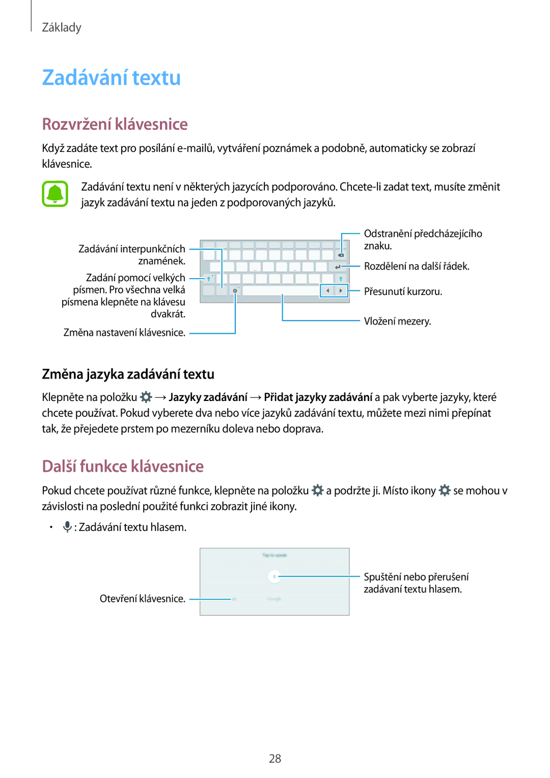 Samsung SM-T810NZWEXSK manual Zadávání textu, Rozvržení klávesnice, Další funkce klávesnice, Změna jazyka zadávání textu 