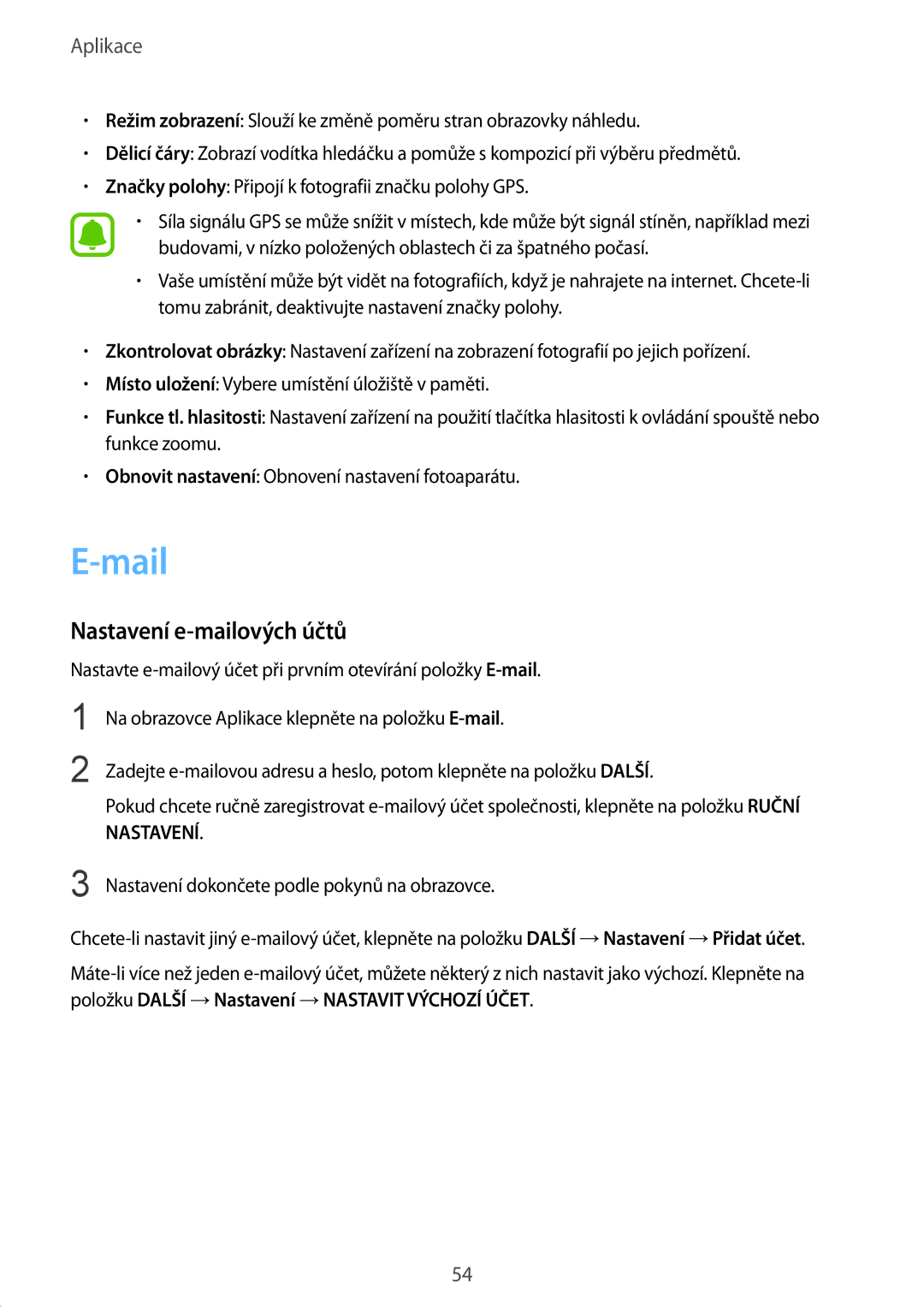 Samsung SM-T810NZKEXEH, SM-T810NZWEXEO, SM-T810NZKEXEO, SM-T810NZKEAUT, SM-T810NZDEAUT manual Mail, Nastavení e-mailových účtů 