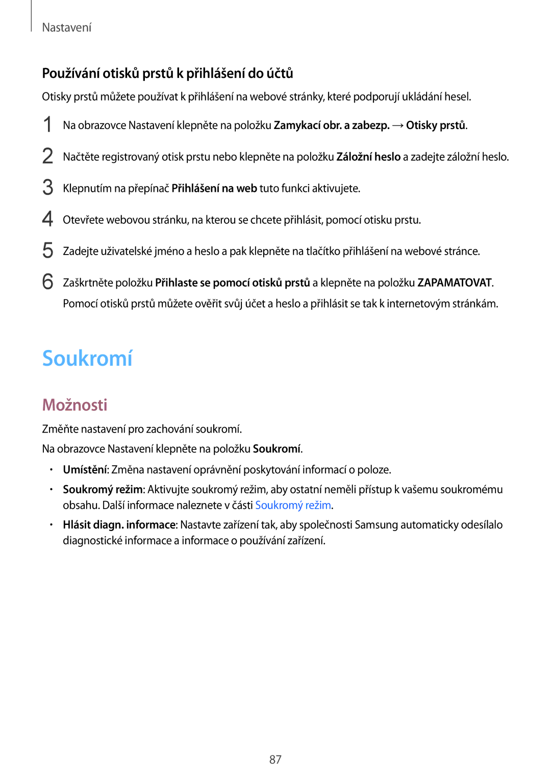 Samsung SM-T810NZWEXEH, SM-T810NZWEXEO, SM-T810NZKEXEO, SM-T810NZKEAUT Soukromí, Používání otisků prstů k přihlášení do účtů 