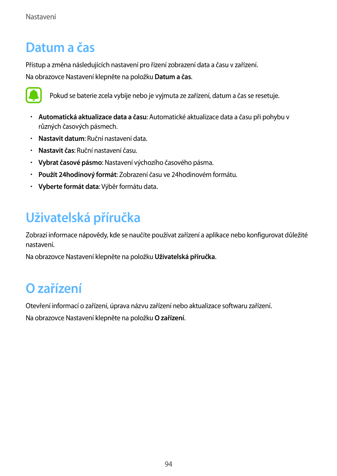 Samsung SM-T810NZKFAUT, SM-T810NZWEXEO, SM-T810NZKEXEO, SM-T810NZKEAUT manual Datum a čas, Uživatelská příručka, Zařízení 