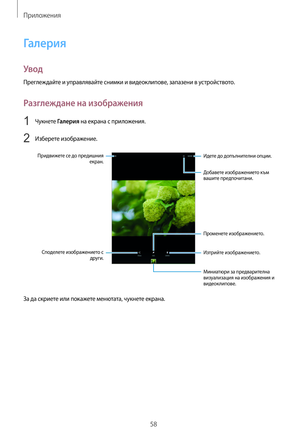 Samsung SM-T813NZKEBGL manual Галерия, Разглеждане на изображения, За да скриете или покажете менютата, чукнете екрана 