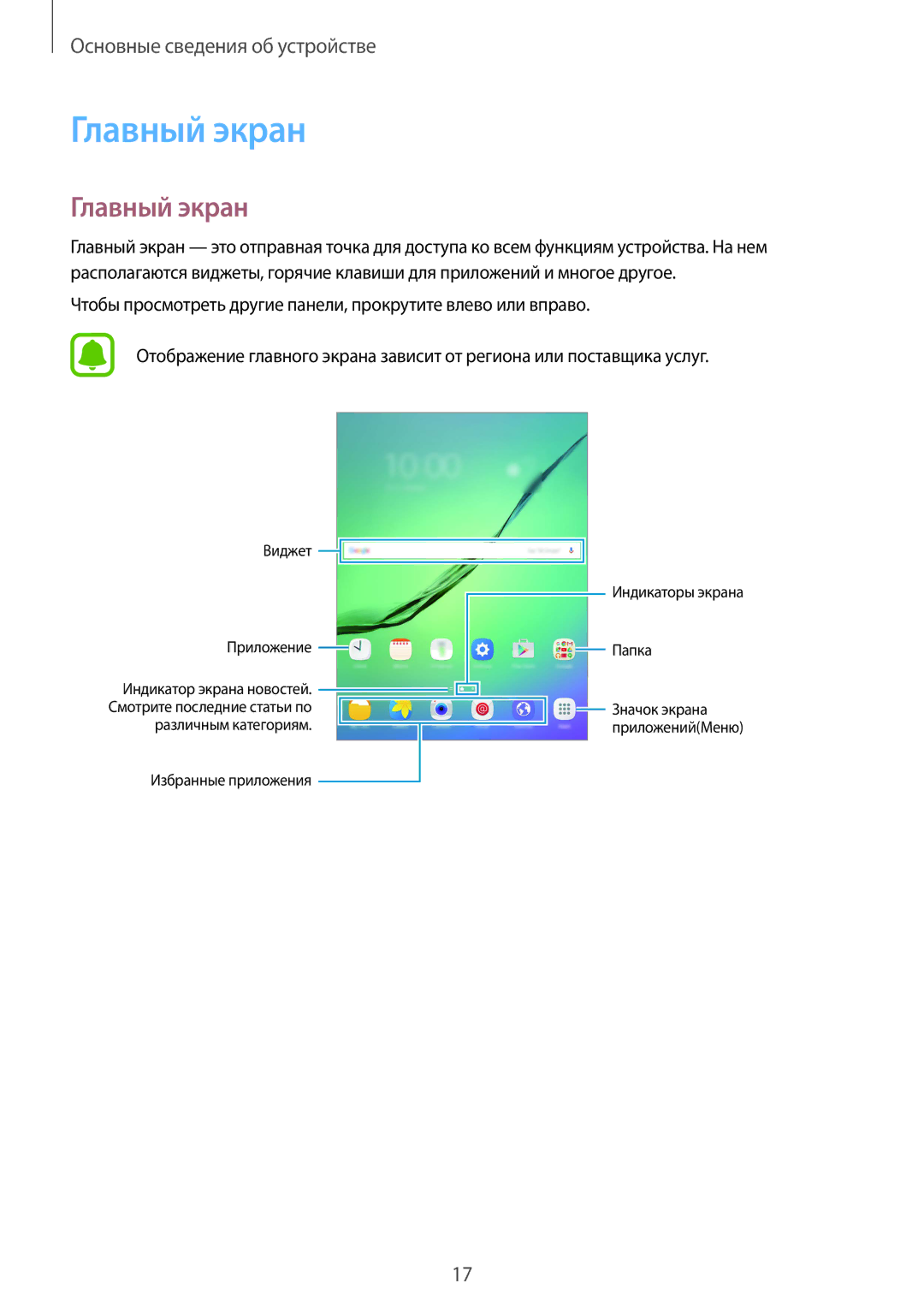 Samsung SM-T813NZKESER, SM-T813NZKESEB, SM-T813NZWESEB, SM-T713NZDESER, SM-T813NZWESER, SM-T713NZKESER manual Главный экран 