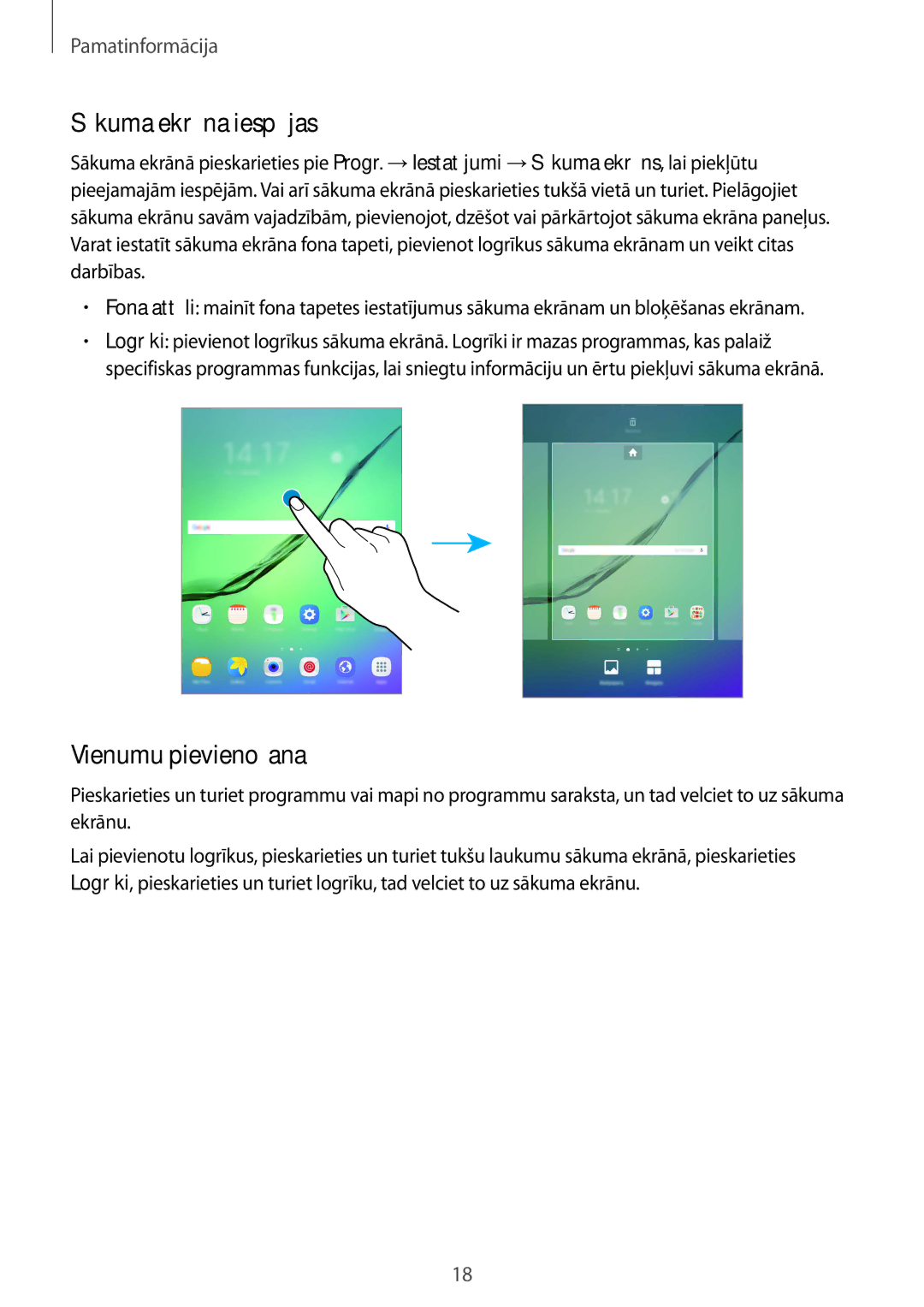 Samsung SM-T813NZKESEB, SM-T813NZWESEB manual Sākuma ekrāna iespējas, Vienumu pievienošana 