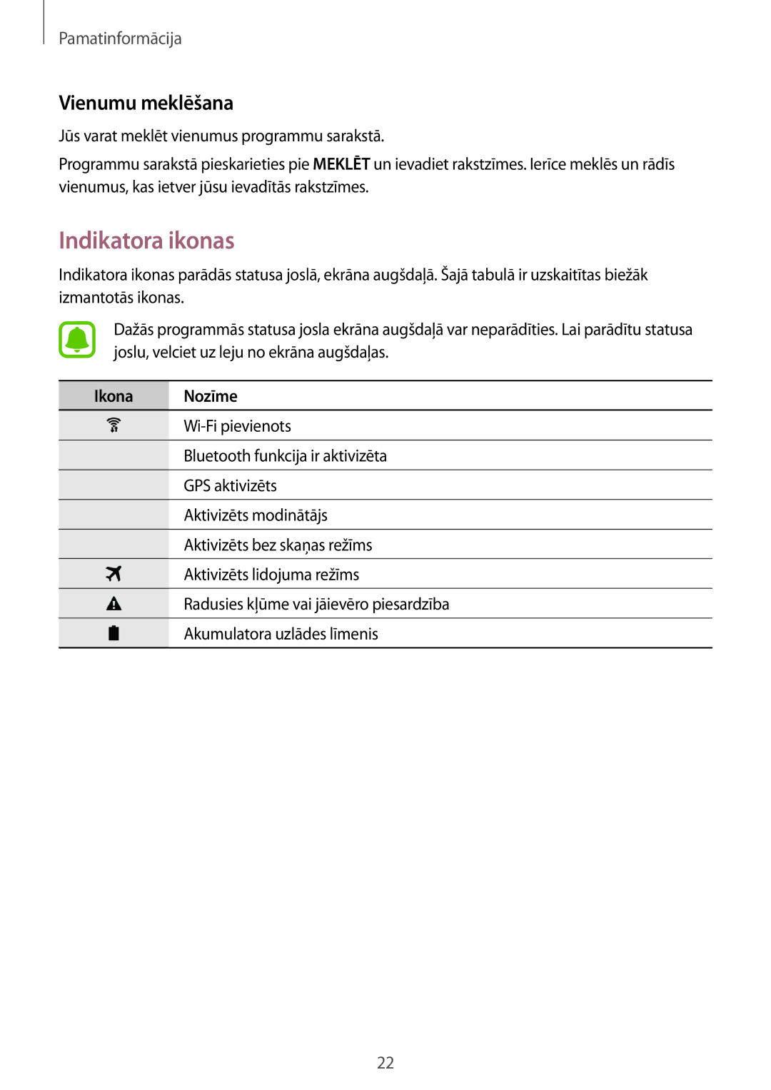 Samsung SM-T813NZKESEB, SM-T813NZWESEB manual Indikatora ikonas, Vienumu meklēšana 