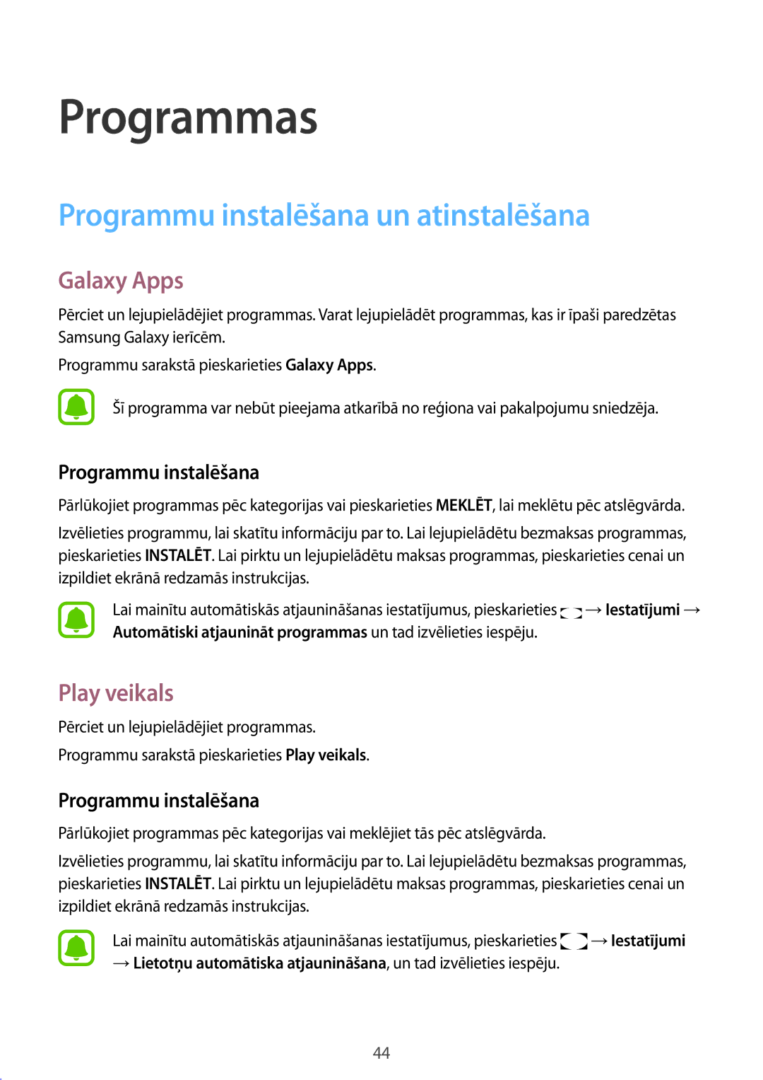 Samsung SM-T813NZKESEB, SM-T813NZWESEB manual Programmu instalēšana un atinstalēšana, Galaxy Apps, Play veikals 