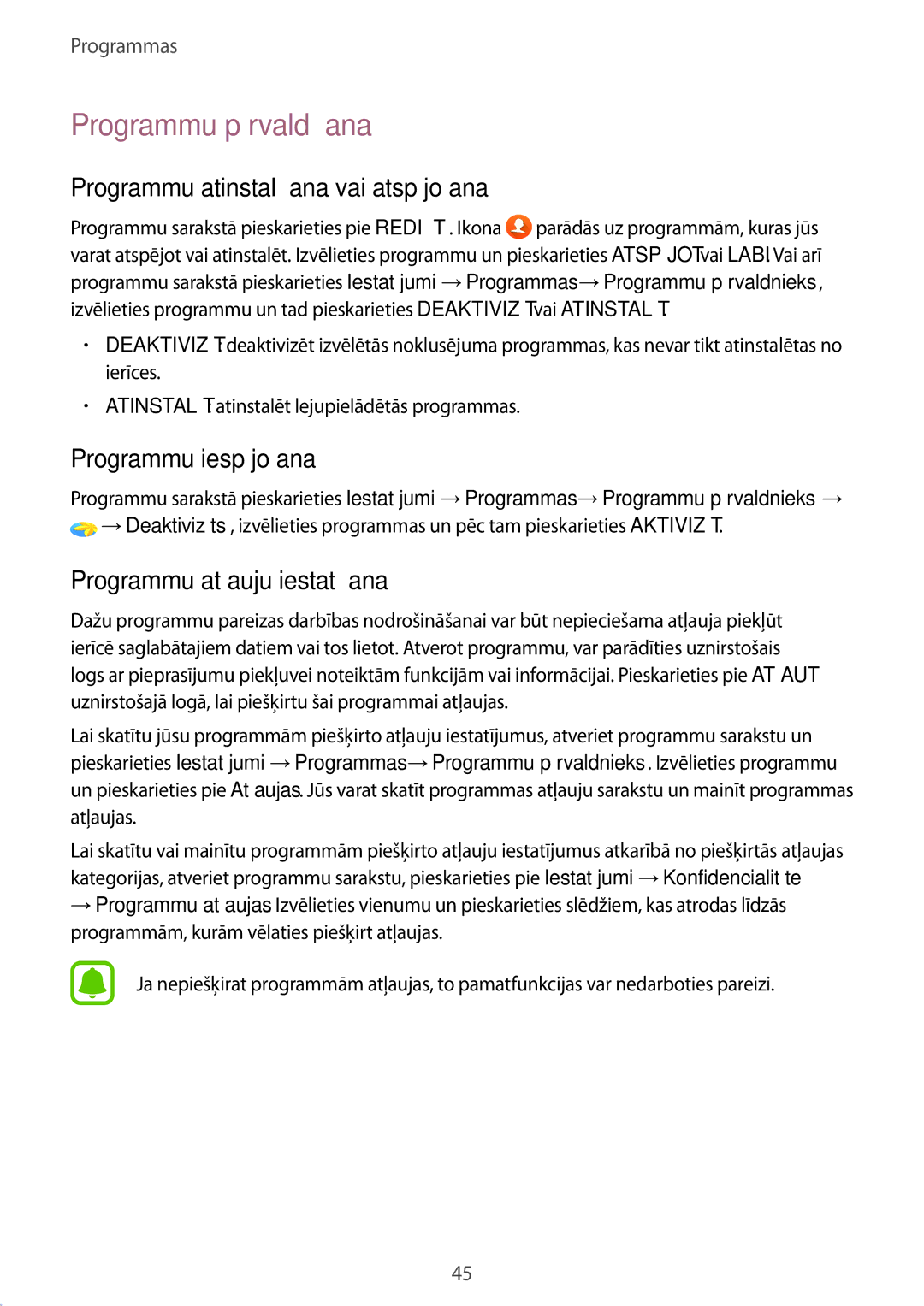 Samsung SM-T813NZWESEB manual Programmu pārvaldīšana, Programmu atinstalēšana vai atspējošana, Programmu iespējošana 