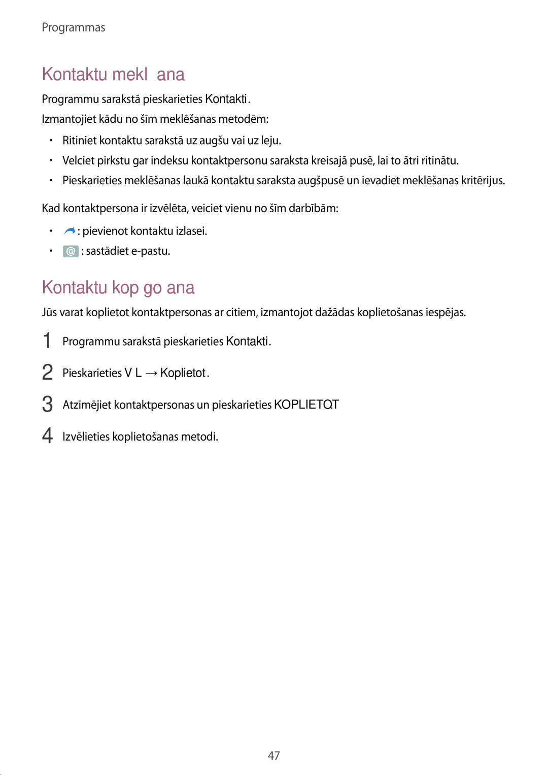 Samsung SM-T813NZWESEB, SM-T813NZKESEB manual Kontaktu meklēšana, Kontaktu kopīgošana 