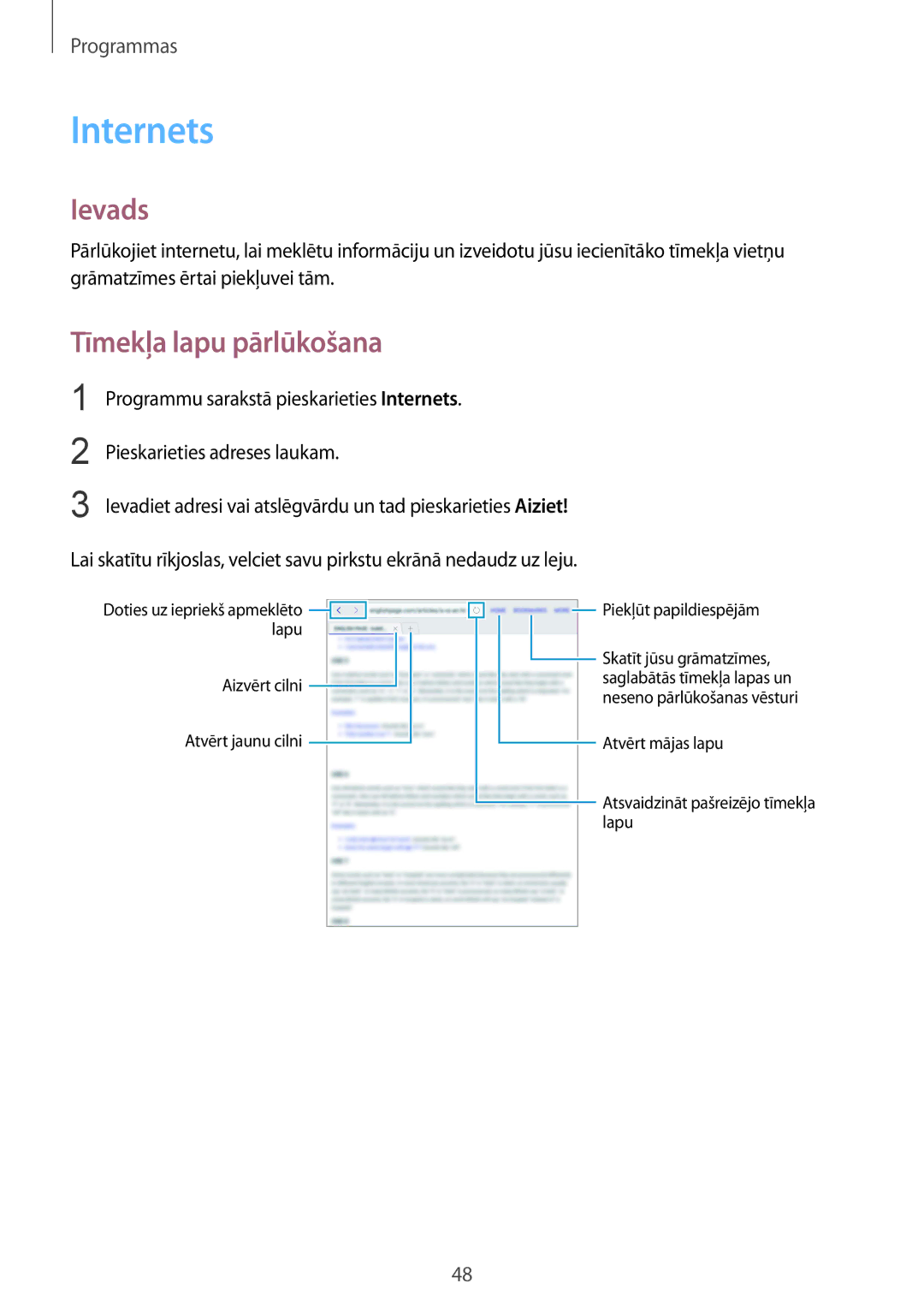 Samsung SM-T813NZKESEB, SM-T813NZWESEB manual Internets, Tīmekļa lapu pārlūkošana 