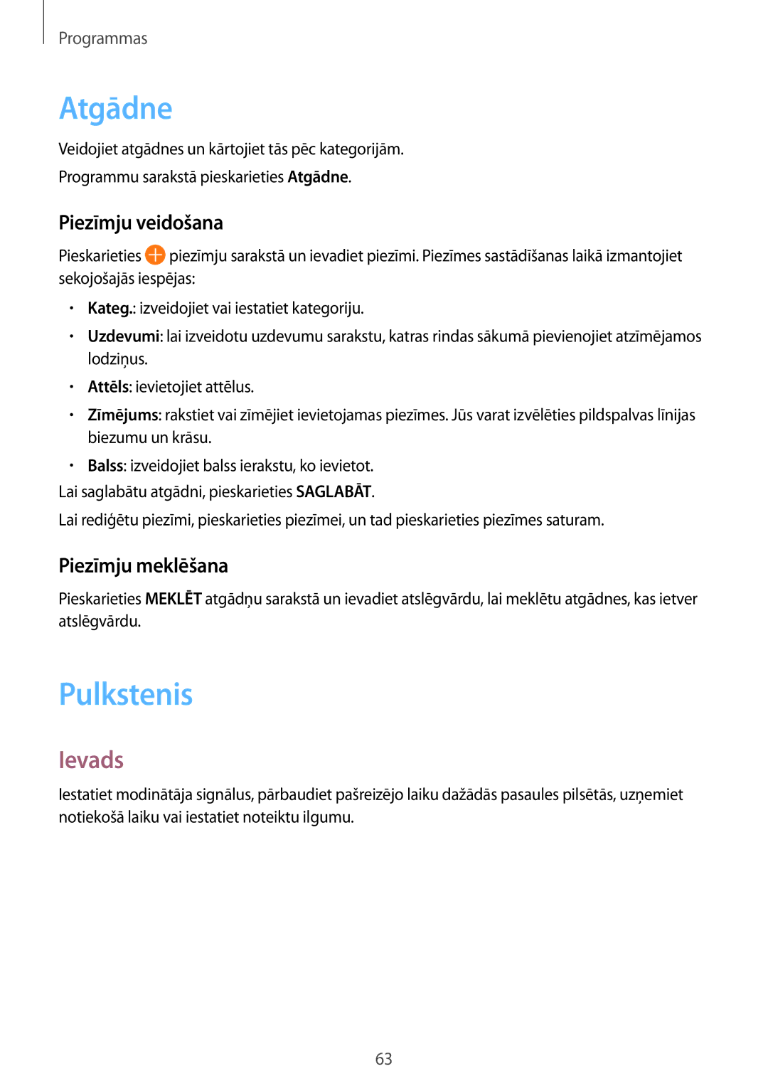 Samsung SM-T813NZWESEB, SM-T813NZKESEB manual Atgādne, Pulkstenis, Piezīmju veidošana, Piezīmju meklēšana 