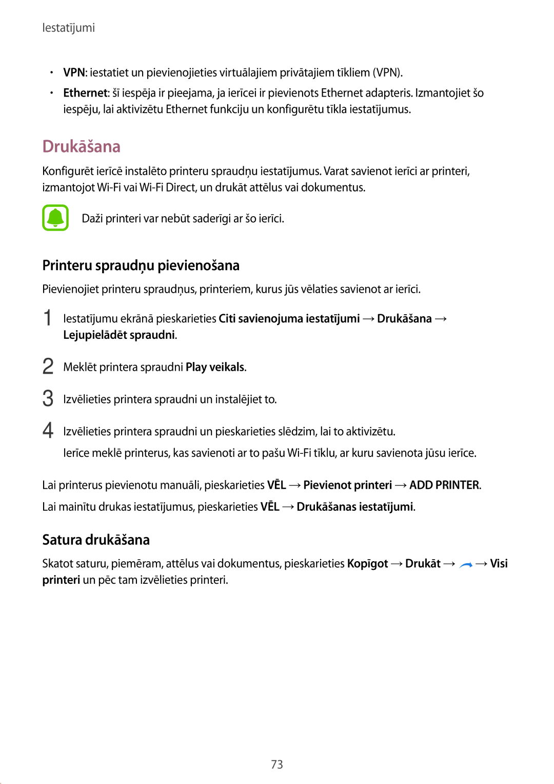 Samsung SM-T813NZWESEB, SM-T813NZKESEB manual Drukāšana, Printeru spraudņu pievienošana, Satura drukāšana 