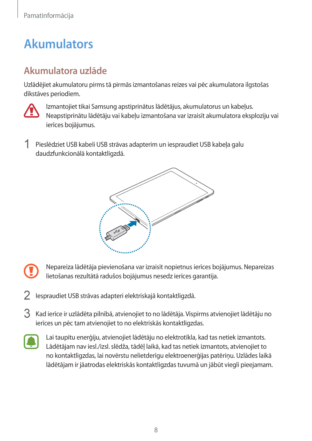 Samsung SM-T813NZKESEB, SM-T813NZWESEB manual Akumulators, Akumulatora uzlāde 