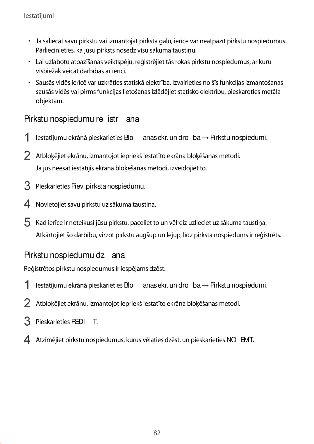 Samsung SM-T813NZKESEB, SM-T813NZWESEB manual Pirkstu nospiedumu reģistrēšana, Pirkstu nospiedumu dzēšana 