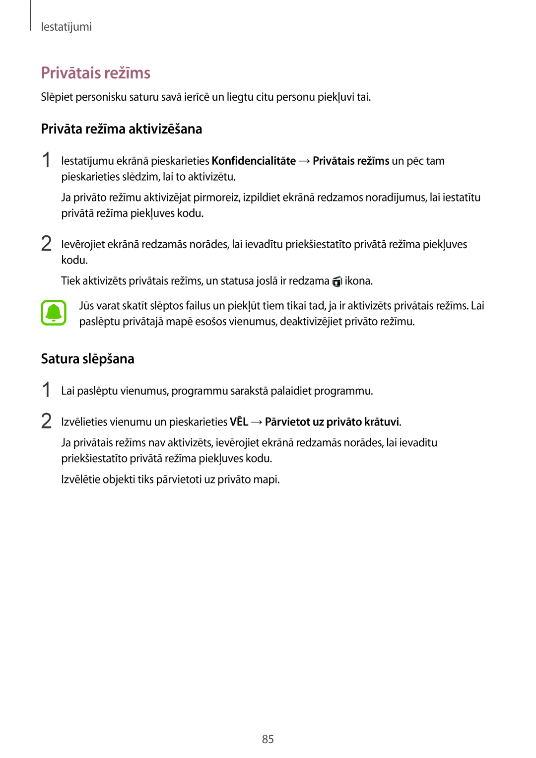 Samsung SM-T813NZWESEB, SM-T813NZKESEB manual Privātais režīms, Privāta režīma aktivizēšana, Satura slēpšana 