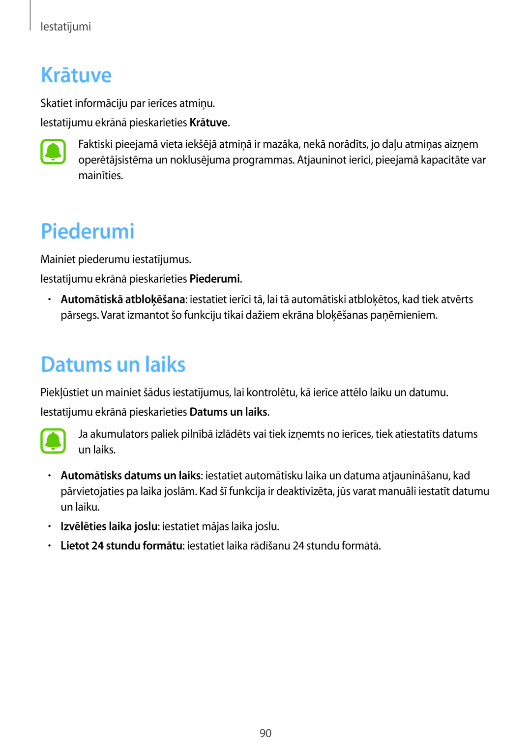 Samsung SM-T813NZKESEB, SM-T813NZWESEB manual Krātuve, Piederumi, Datums un laiks 