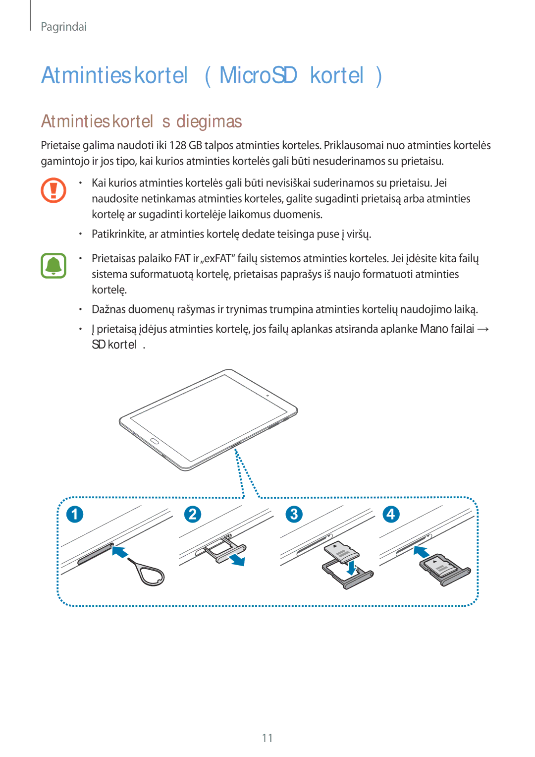 Samsung SM-T813NZWESEB, SM-T813NZKESEB manual Atminties kortelė „MicroSD kortelė, Atminties kortelės įdiegimas 