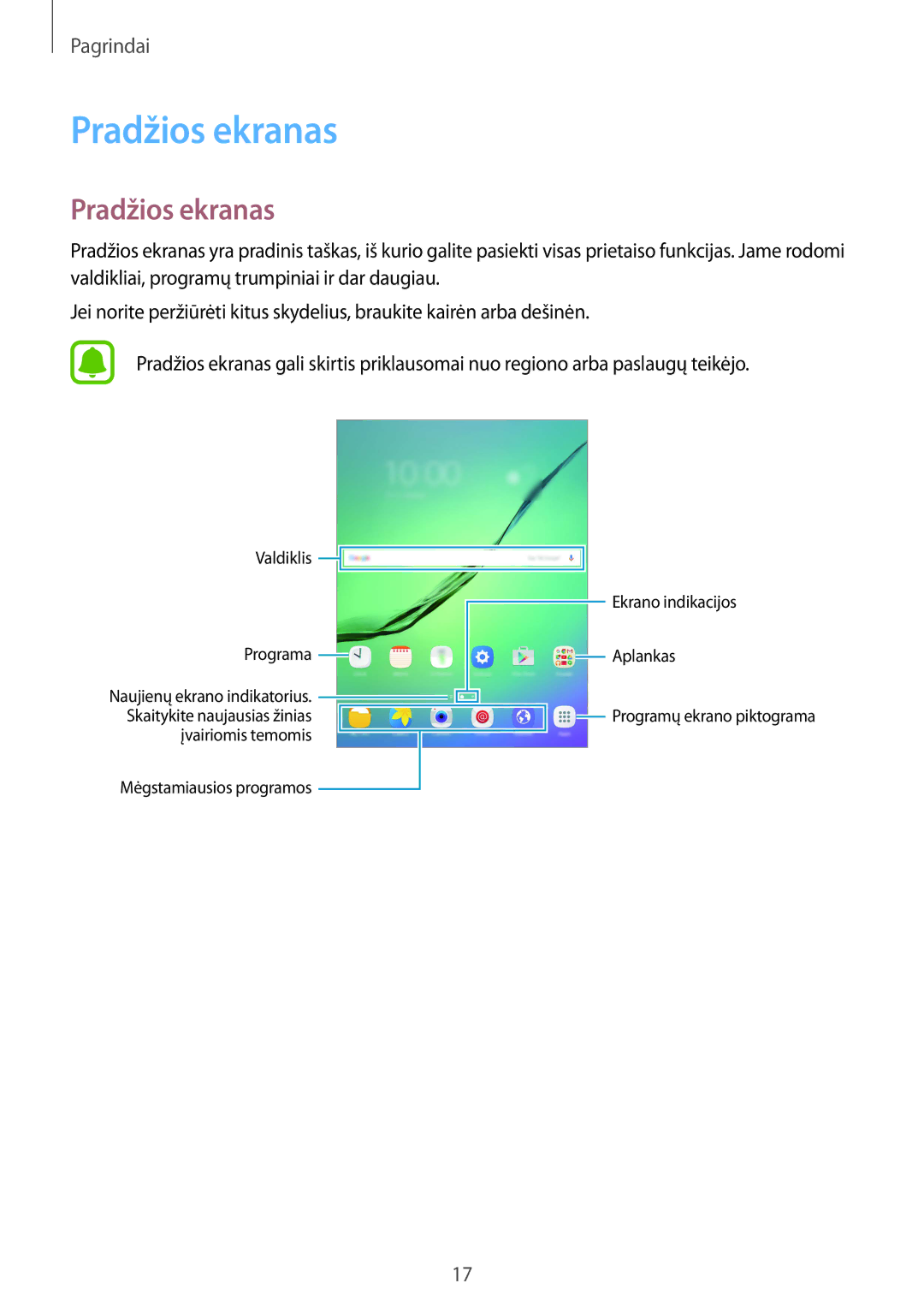 Samsung SM-T813NZWESEB, SM-T813NZKESEB manual Pradžios ekranas 