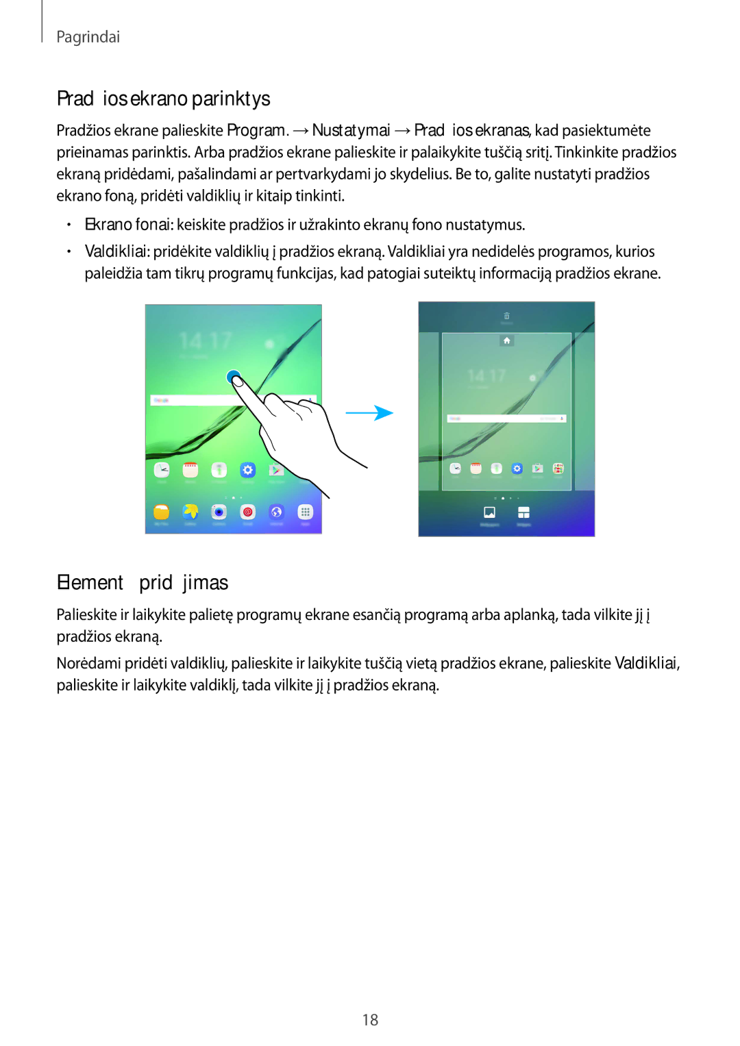 Samsung SM-T813NZKESEB, SM-T813NZWESEB manual Pradžios ekrano parinktys, Elementų pridėjimas 