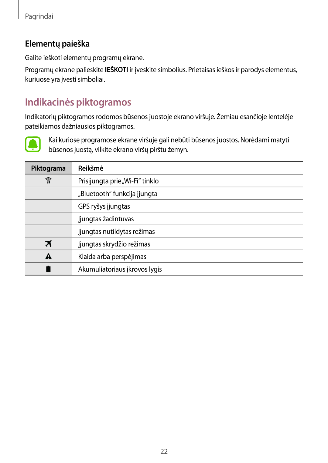 Samsung SM-T813NZKESEB, SM-T813NZWESEB manual Indikacinės piktogramos, Elementų paieška, Piktograma Reikšmė 