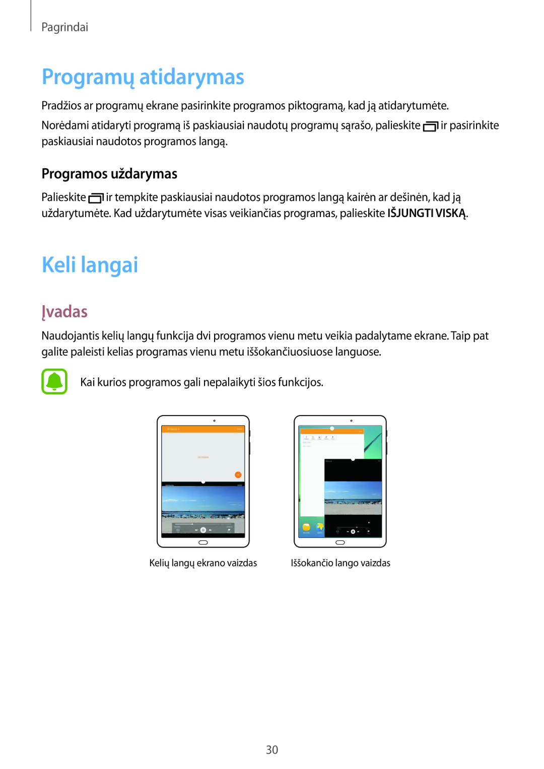 Samsung SM-T813NZKESEB, SM-T813NZWESEB manual Programų atidarymas, Keli langai, Įvadas, Programos uždarymas 