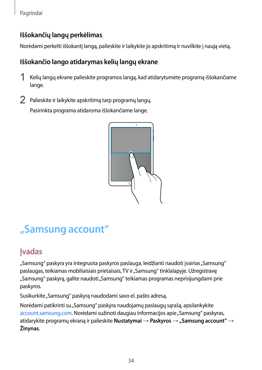 Samsung SM-T813NZKESEB manual „Samsung account, Iššokančių langų perkėlimas, Iššokančio lango atidarymas kelių langų ekrane 