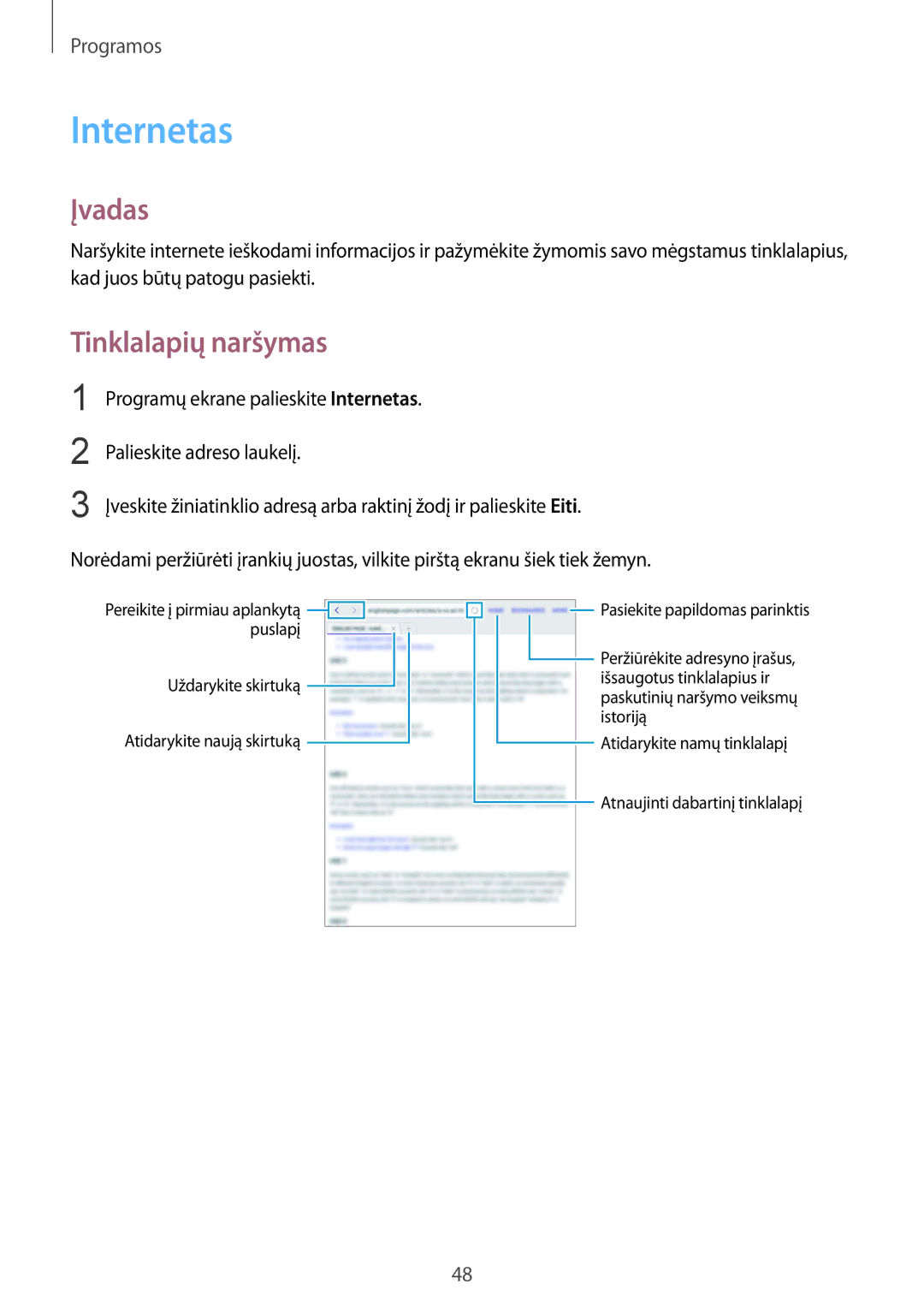 Samsung SM-T813NZKESEB, SM-T813NZWESEB manual Internetas, Tinklalapių naršymas 