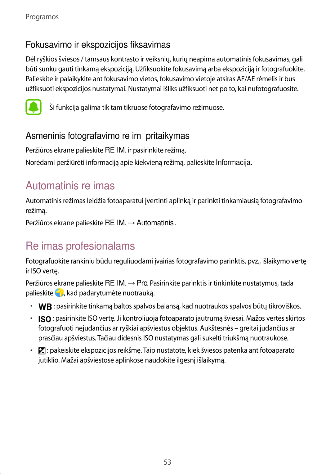 Samsung SM-T813NZWESEB, SM-T813NZKESEB Automatinis režimas, Režimas profesionalams, Fokusavimo ir ekspozicijos fiksavimas 