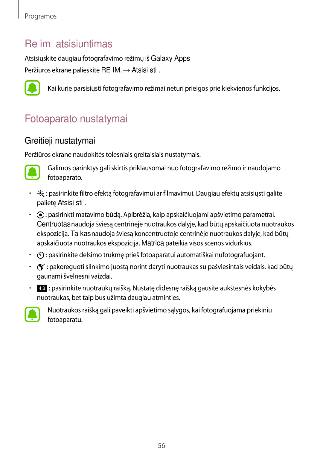 Samsung SM-T813NZKESEB, SM-T813NZWESEB manual Režimų atsisiuntimas, Fotoaparato nustatymai, Greitieji nustatymai 