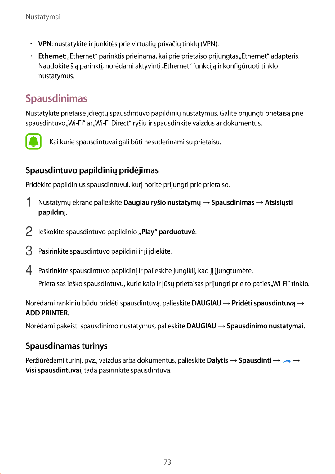 Samsung SM-T813NZWESEB, SM-T813NZKESEB manual Spausdinimas, Spausdintuvo papildinių pridėjimas, Spausdinamas turinys 