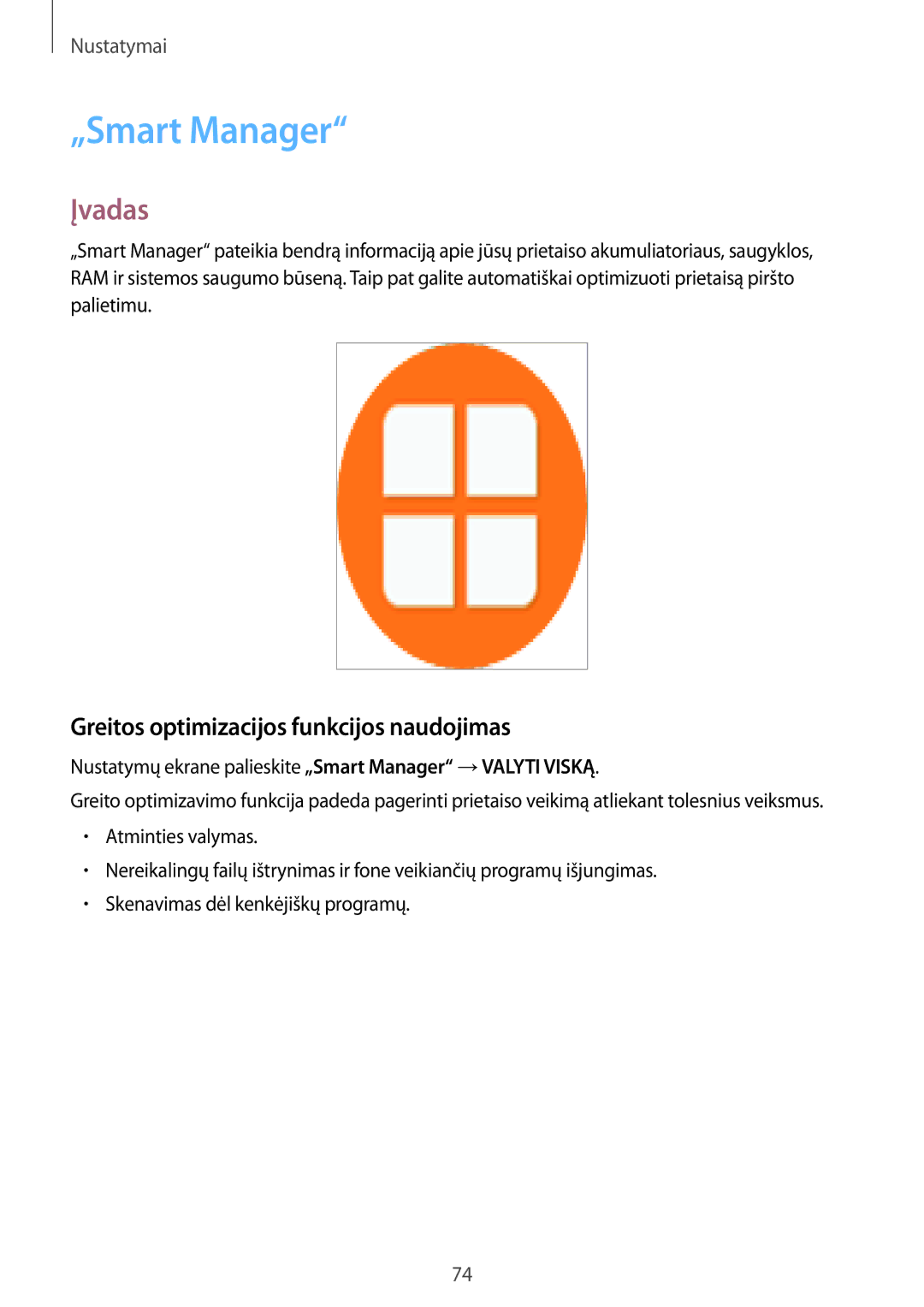 Samsung SM-T813NZKESEB, SM-T813NZWESEB manual „Smart Manager, Greitos optimizacijos funkcijos naudojimas 