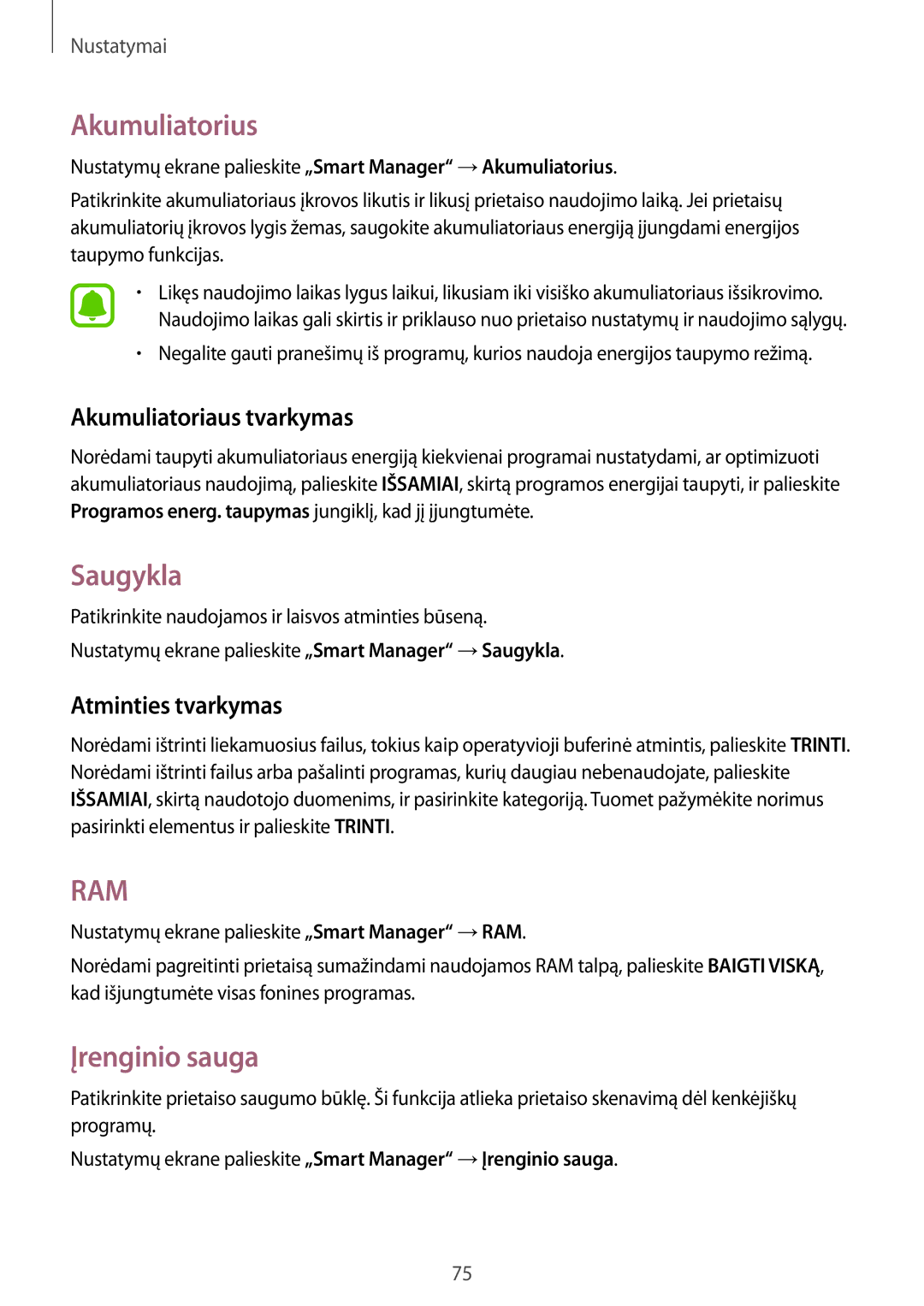 Samsung SM-T813NZWESEB manual Akumuliatorius, Saugykla, Įrenginio sauga, Akumuliatoriaus tvarkymas, Atminties tvarkymas 