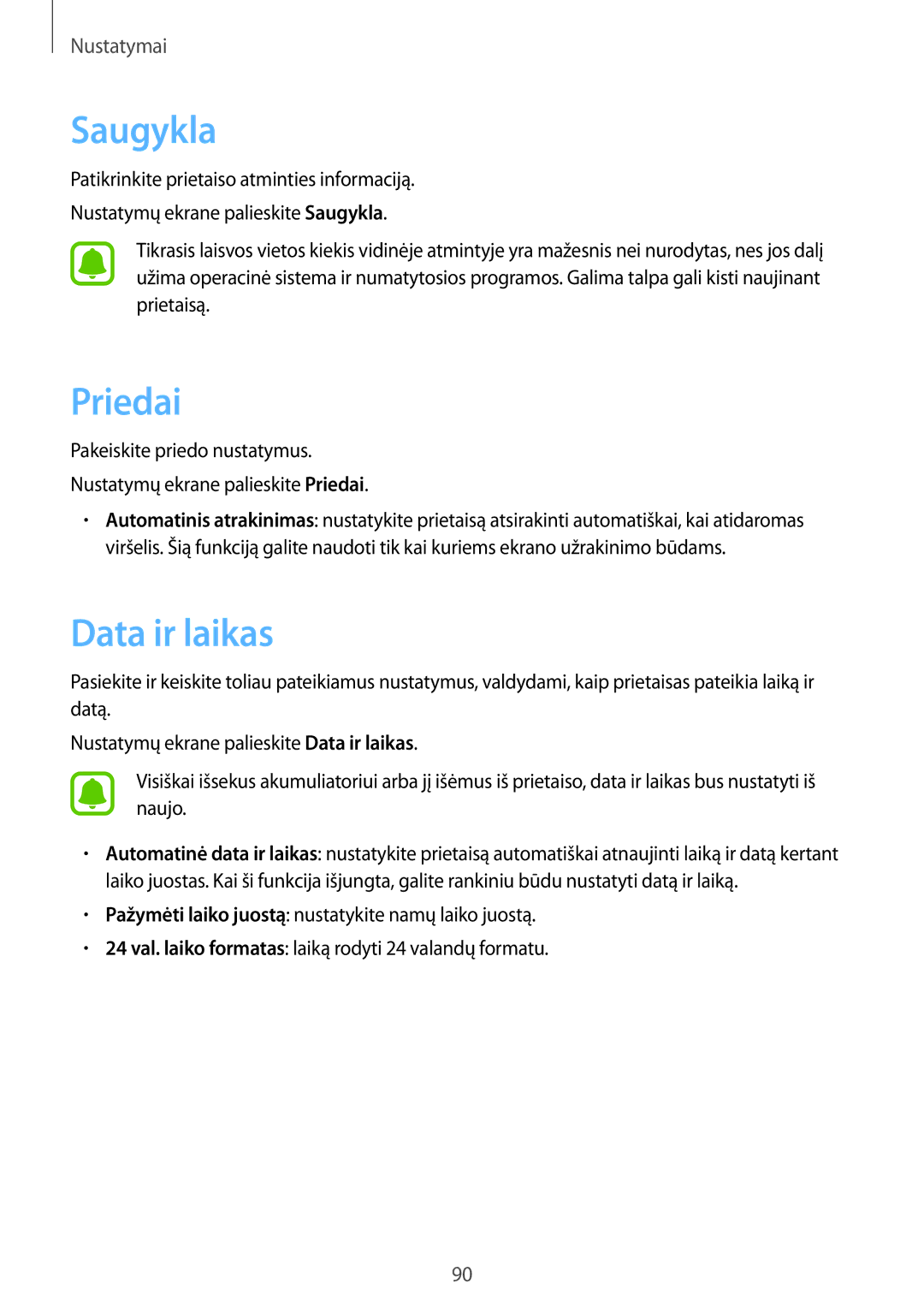 Samsung SM-T813NZKESEB, SM-T813NZWESEB manual Saugykla, Priedai, Data ir laikas 