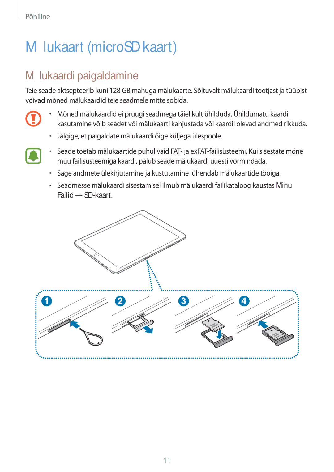 Samsung SM-T813NZWESEB, SM-T813NZKESEB manual Mälukaart microSD kaart, Mälukaardi paigaldamine 