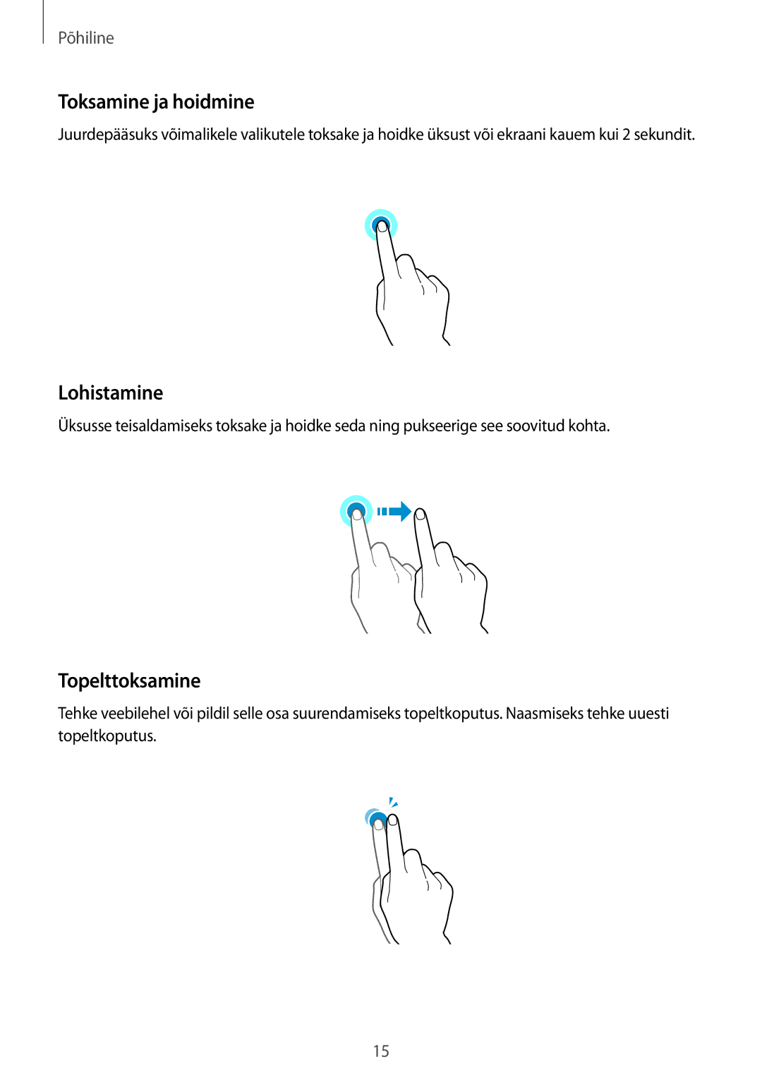 Samsung SM-T813NZWESEB, SM-T813NZKESEB manual Toksamine ja hoidmine, Lohistamine, Topelttoksamine 