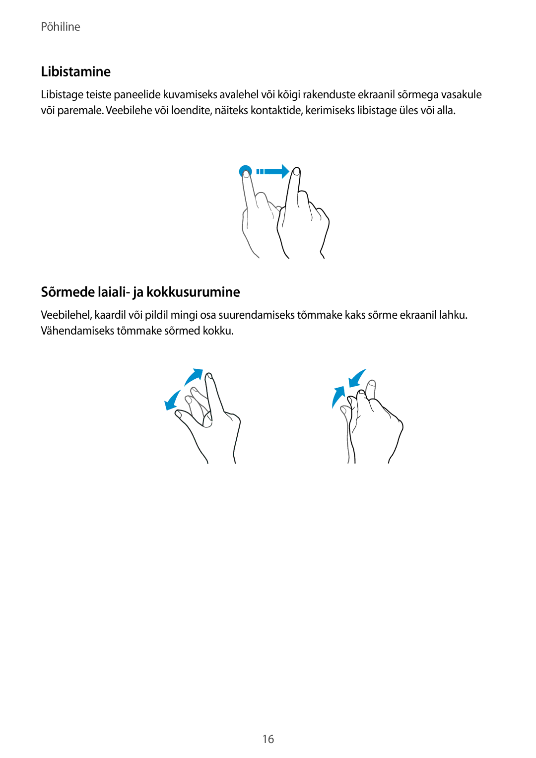 Samsung SM-T813NZKESEB, SM-T813NZWESEB manual Libistamine, Sõrmede laiali- ja kokkusurumine 
