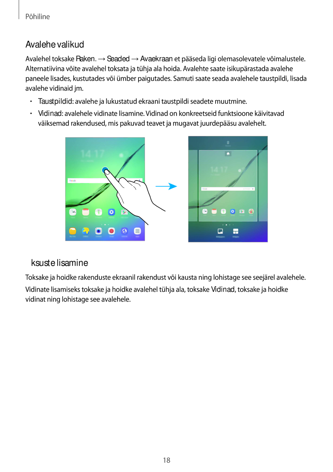 Samsung SM-T813NZKESEB, SM-T813NZWESEB manual Avalehe valikud, Üksuste lisamine 