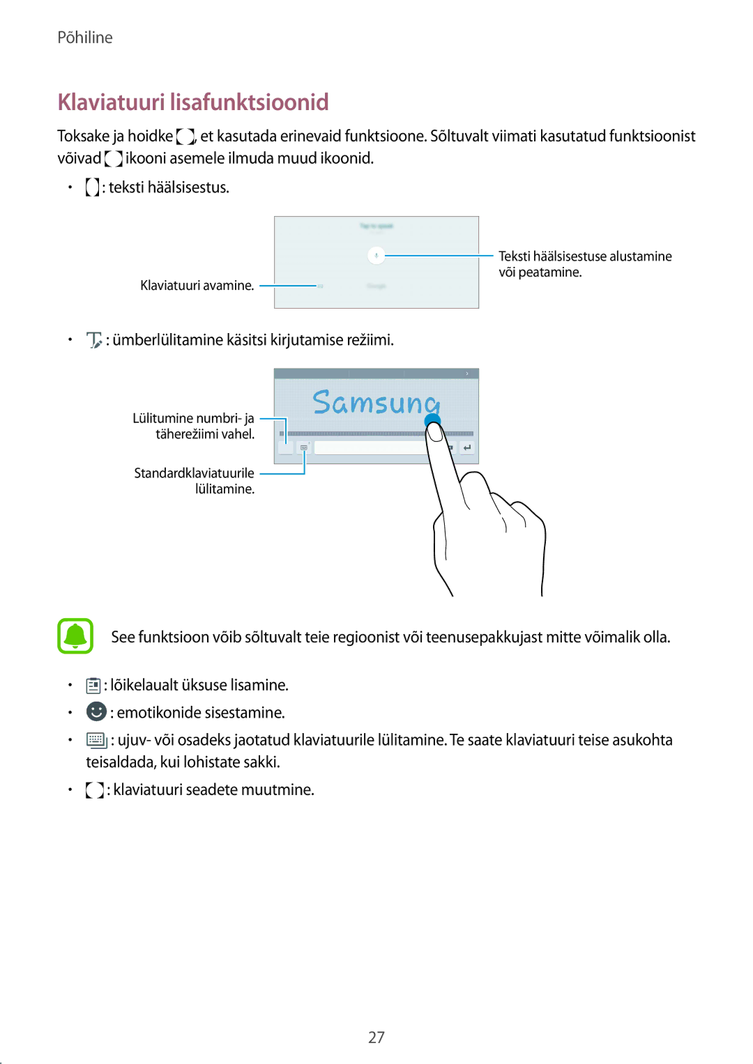 Samsung SM-T813NZWESEB, SM-T813NZKESEB manual Klaviatuuri lisafunktsioonid, Ümberlülitamine käsitsi kirjutamise režiimi 