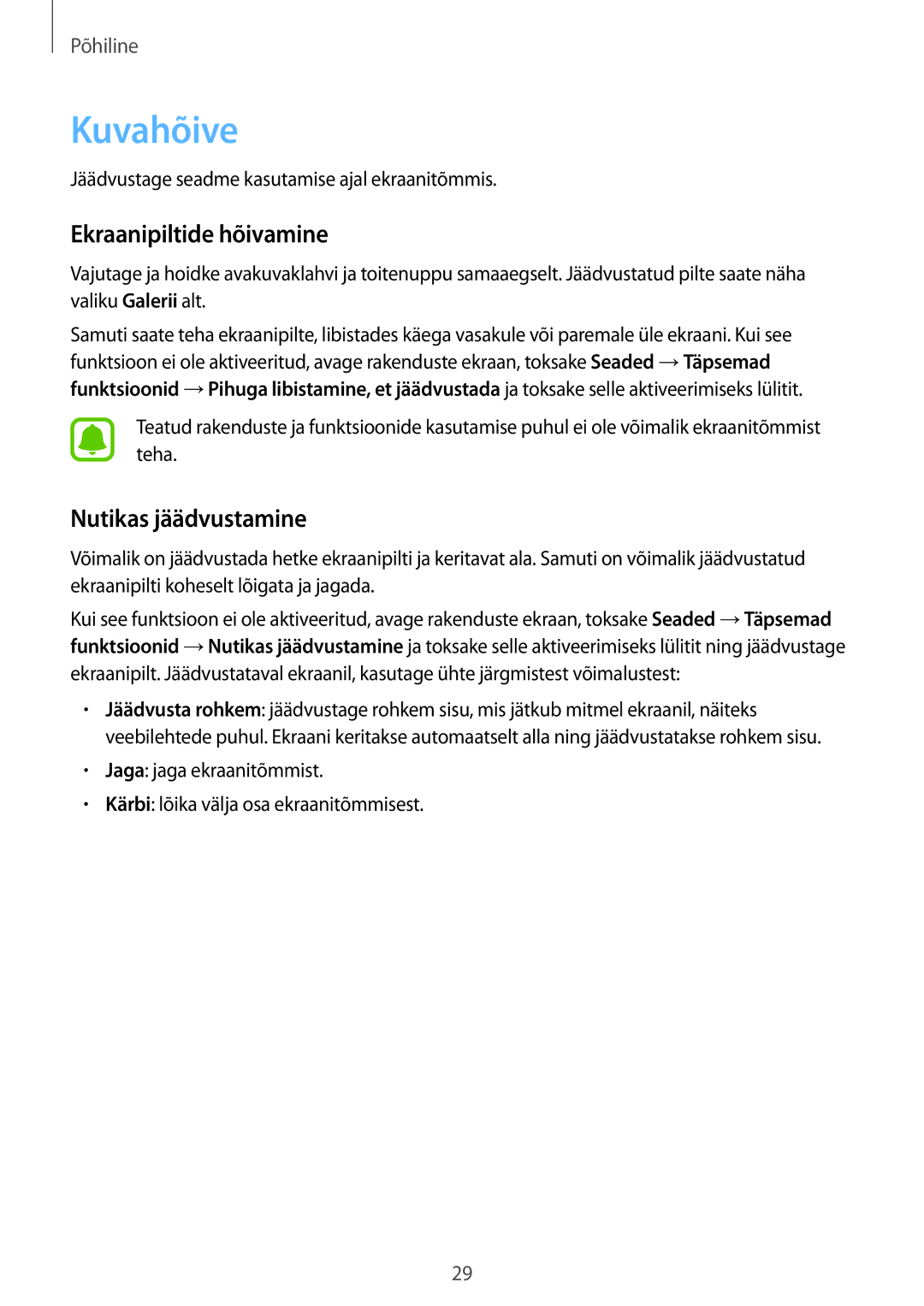 Samsung SM-T813NZWESEB, SM-T813NZKESEB manual Kuvahõive, Ekraanipiltide hõivamine, Nutikas jäädvustamine 