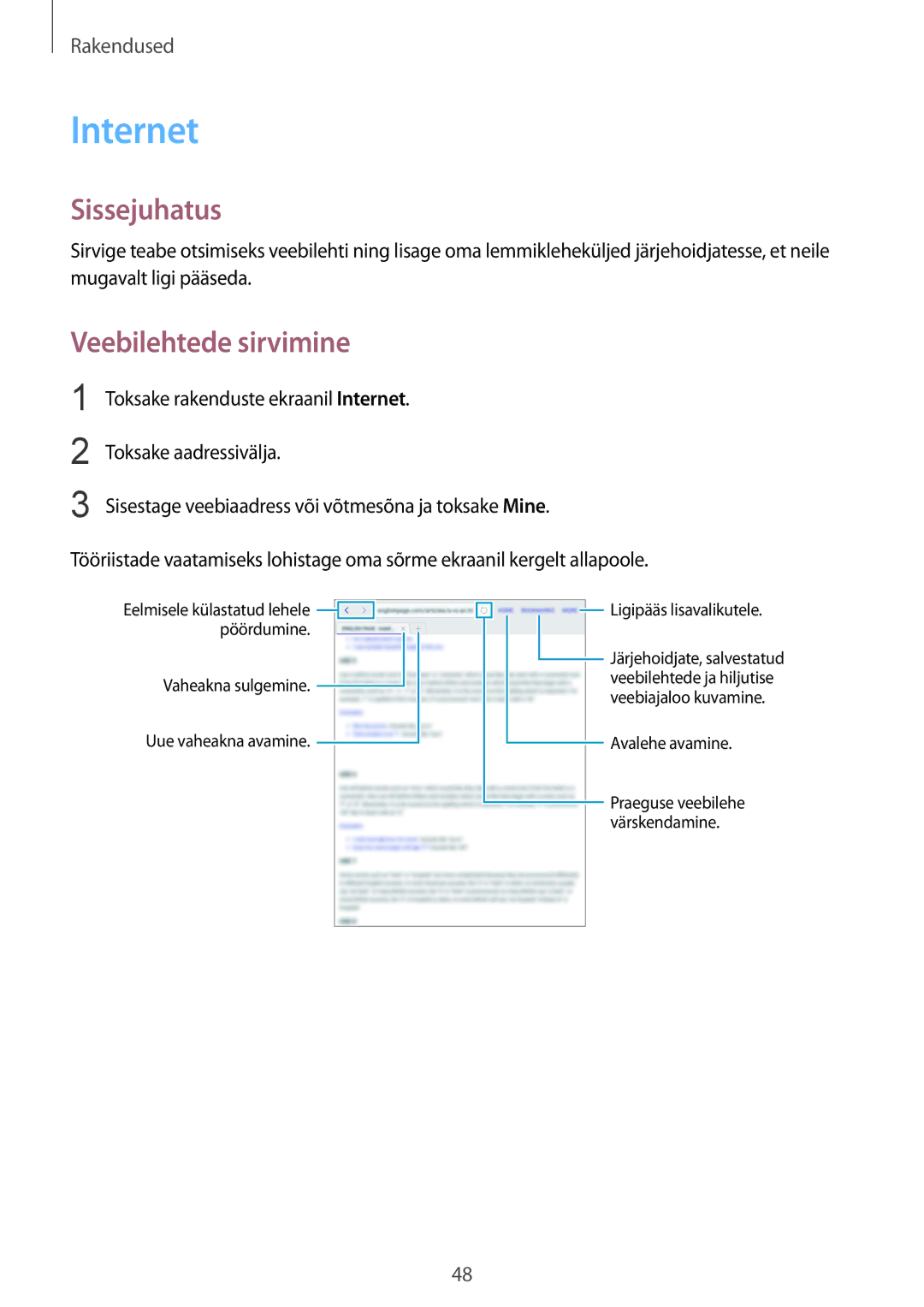 Samsung SM-T813NZKESEB, SM-T813NZWESEB manual Internet, Veebilehtede sirvimine 