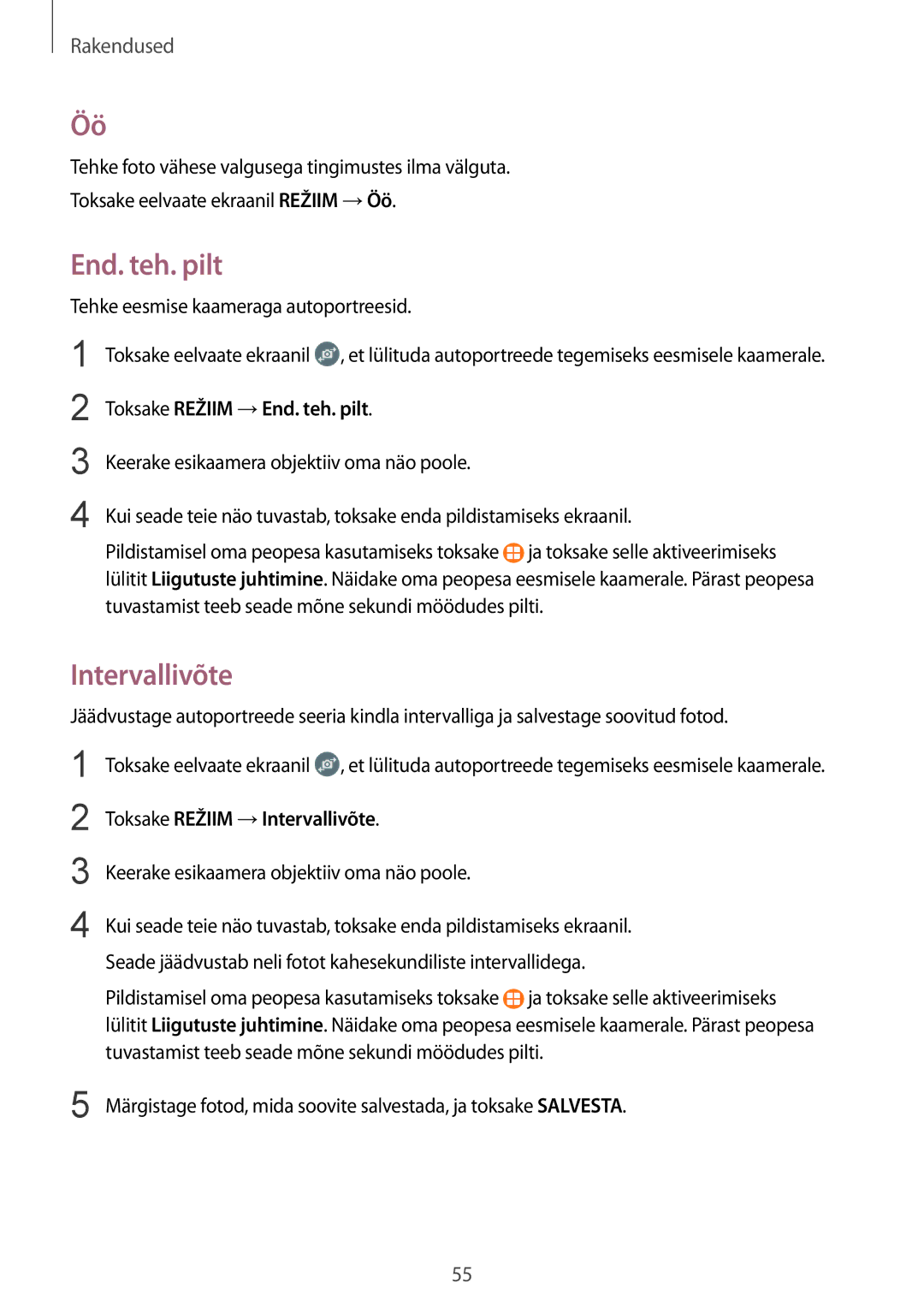 Samsung SM-T813NZWESEB, SM-T813NZKESEB manual Toksake Režiim →End. teh. pilt, Toksake Režiim →Intervallivõte 