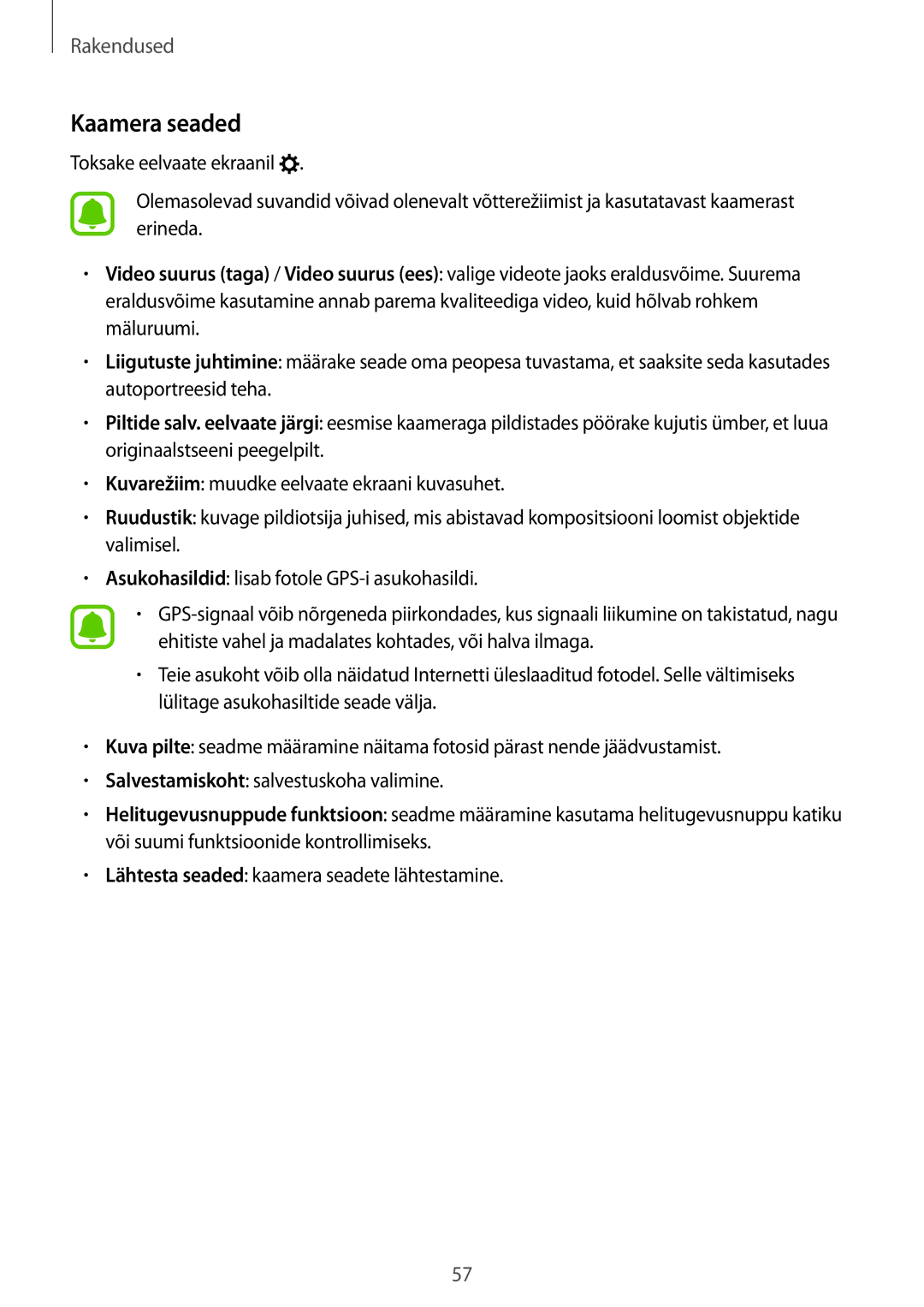 Samsung SM-T813NZWESEB, SM-T813NZKESEB manual Kaamera seaded 