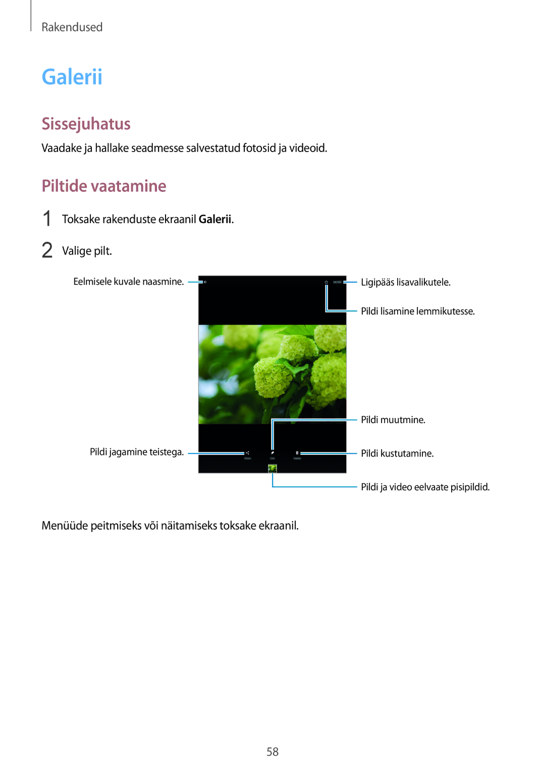 Samsung SM-T813NZKESEB, SM-T813NZWESEB manual Galerii, Piltide vaatamine 