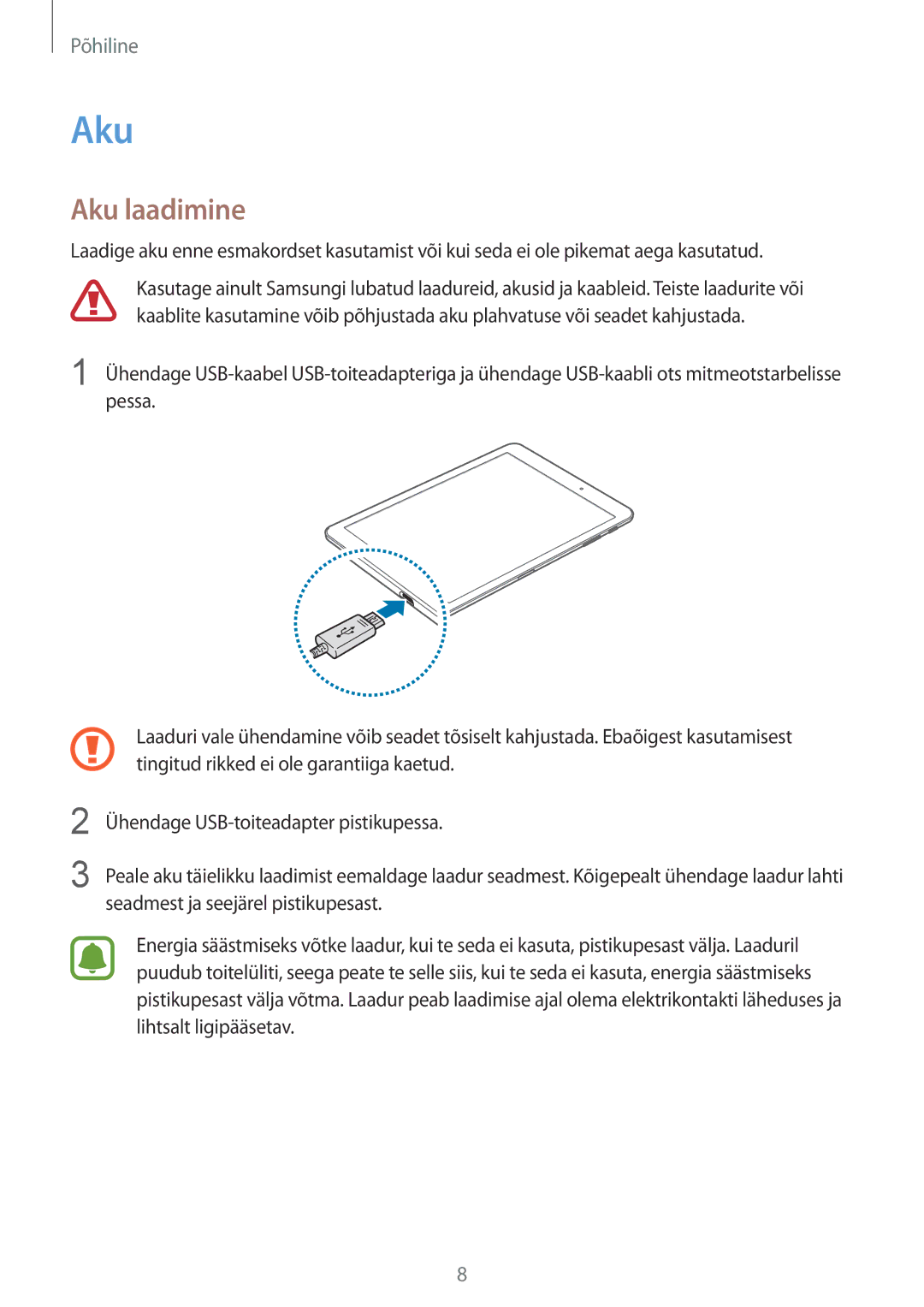 Samsung SM-T813NZKESEB, SM-T813NZWESEB manual Aku laadimine 