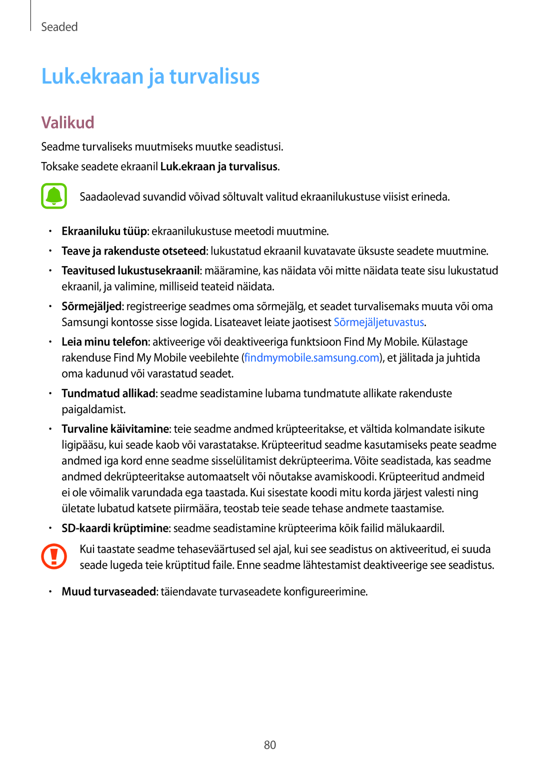 Samsung SM-T813NZKESEB, SM-T813NZWESEB manual Luk.ekraan ja turvalisus, Valikud 