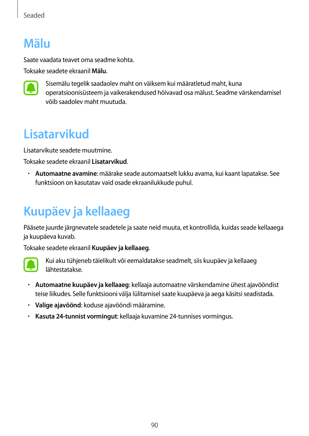 Samsung SM-T813NZKESEB, SM-T813NZWESEB manual Mälu, Lisatarvikud, Kuupäev ja kellaaeg 