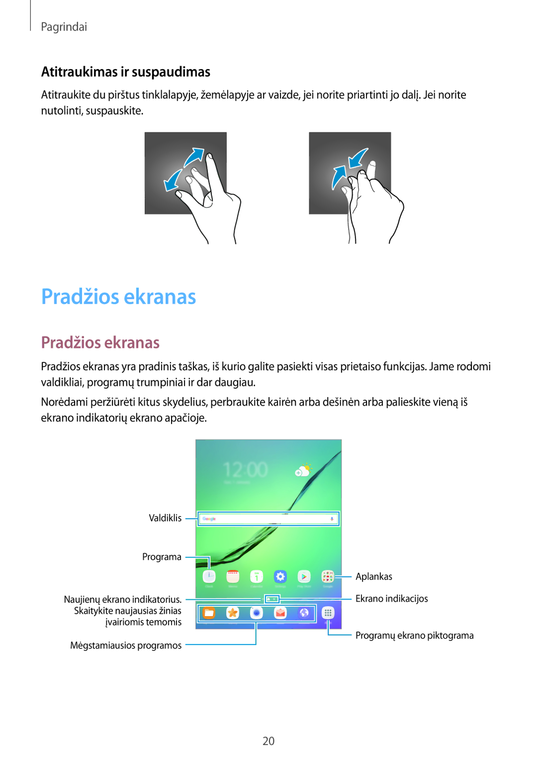 Samsung SM-T813NZKESEB, SM-T813NZWESEB manual Pradžios ekranas, Atitraukimas ir suspaudimas 