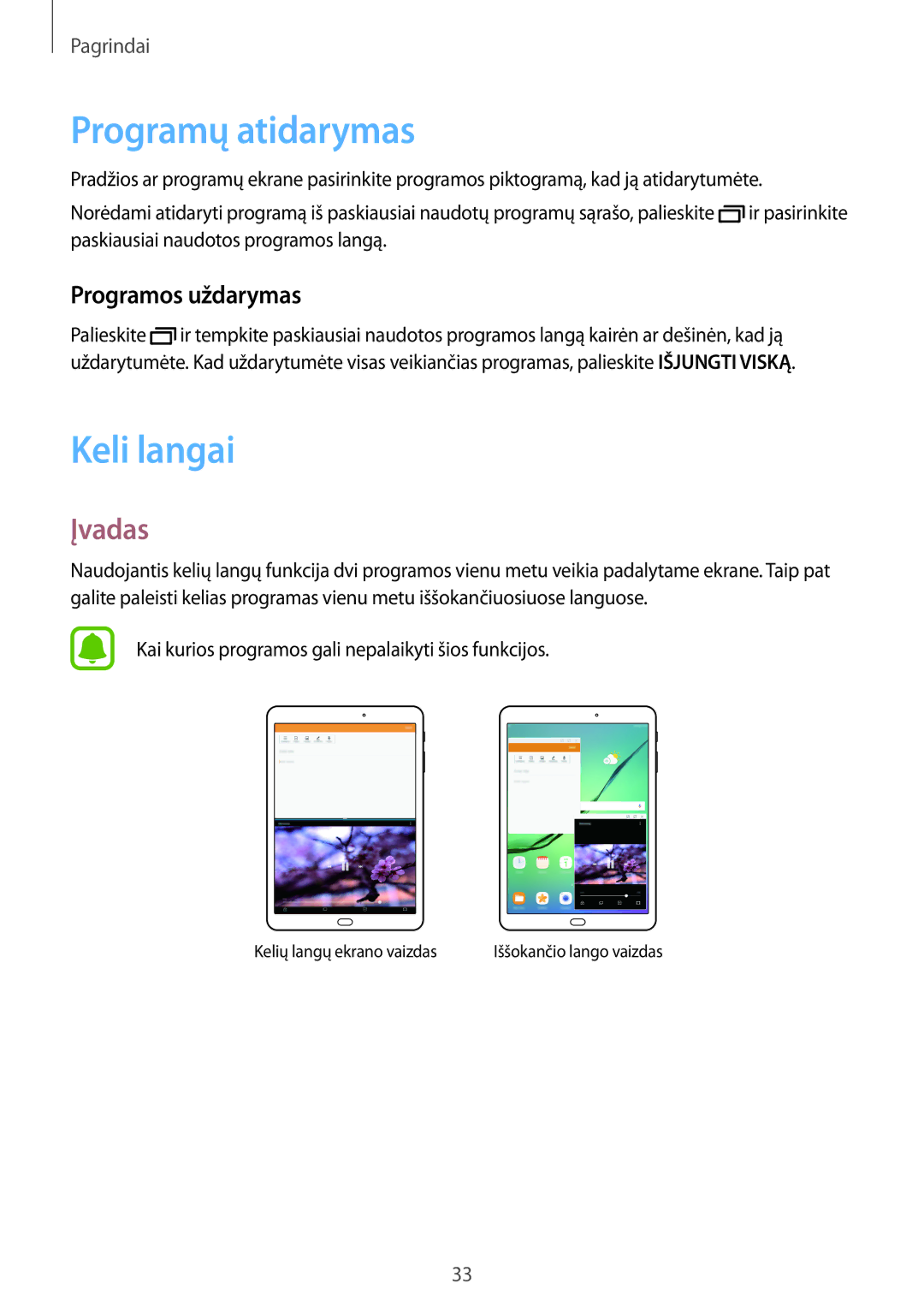 Samsung SM-T813NZWESEB, SM-T813NZKESEB manual Programų atidarymas, Keli langai, Įvadas, Programos uždarymas 